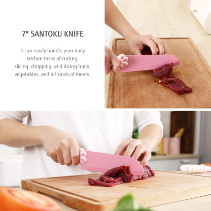 Meowkit Pink 3PCS Kitchen Knife Set Non-stick Coating Blade-PINK