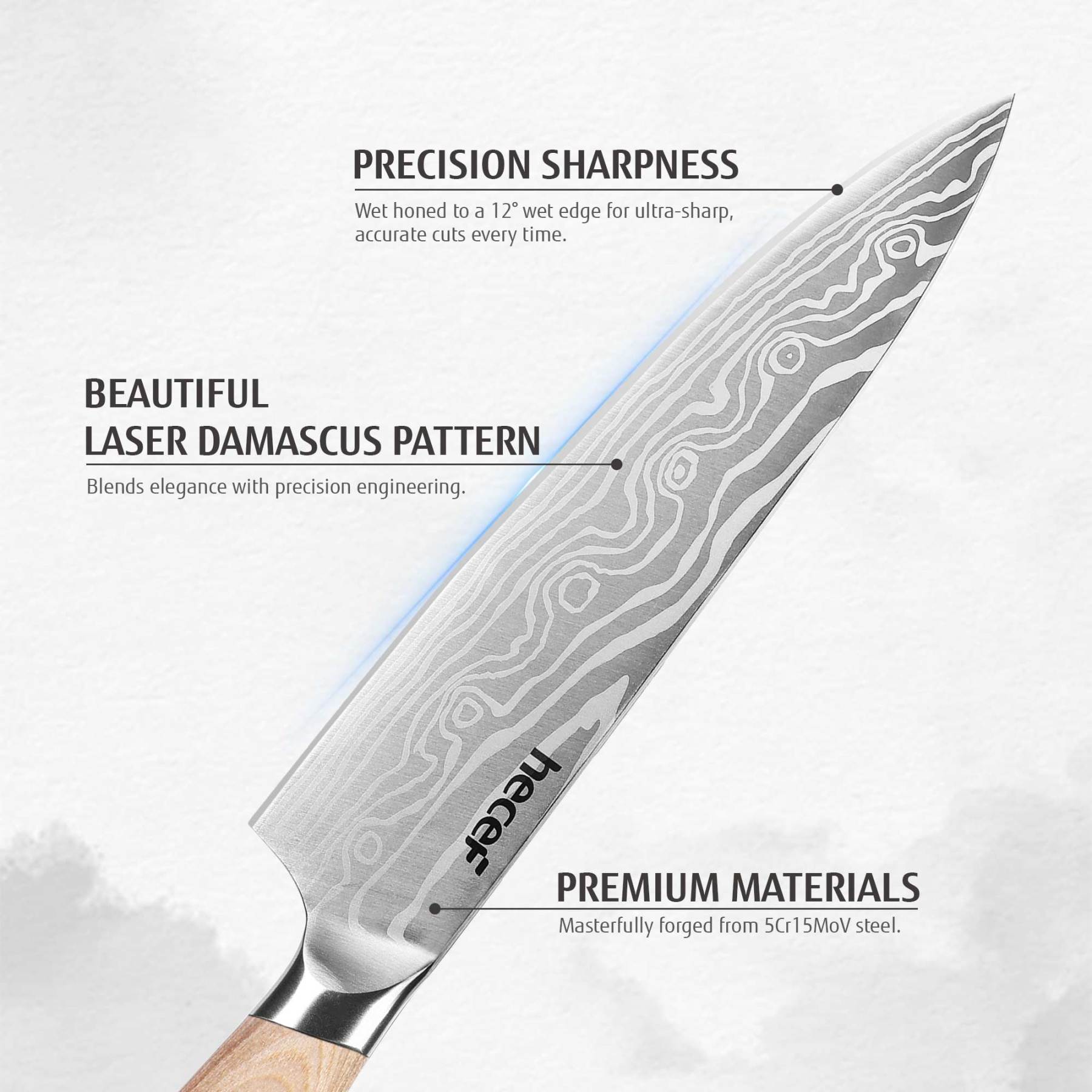 Hecef 8-Inch Chef Knife with Japanese Damascus Pattern Sharp Non-stick Ergonomic Wood Handle