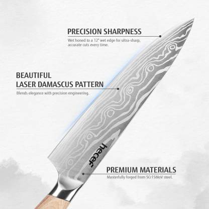 Hecef 8-Inch Chef Knife with Japanese Damascus Pattern Sharp Non-stick Ergonomic Wood Handle