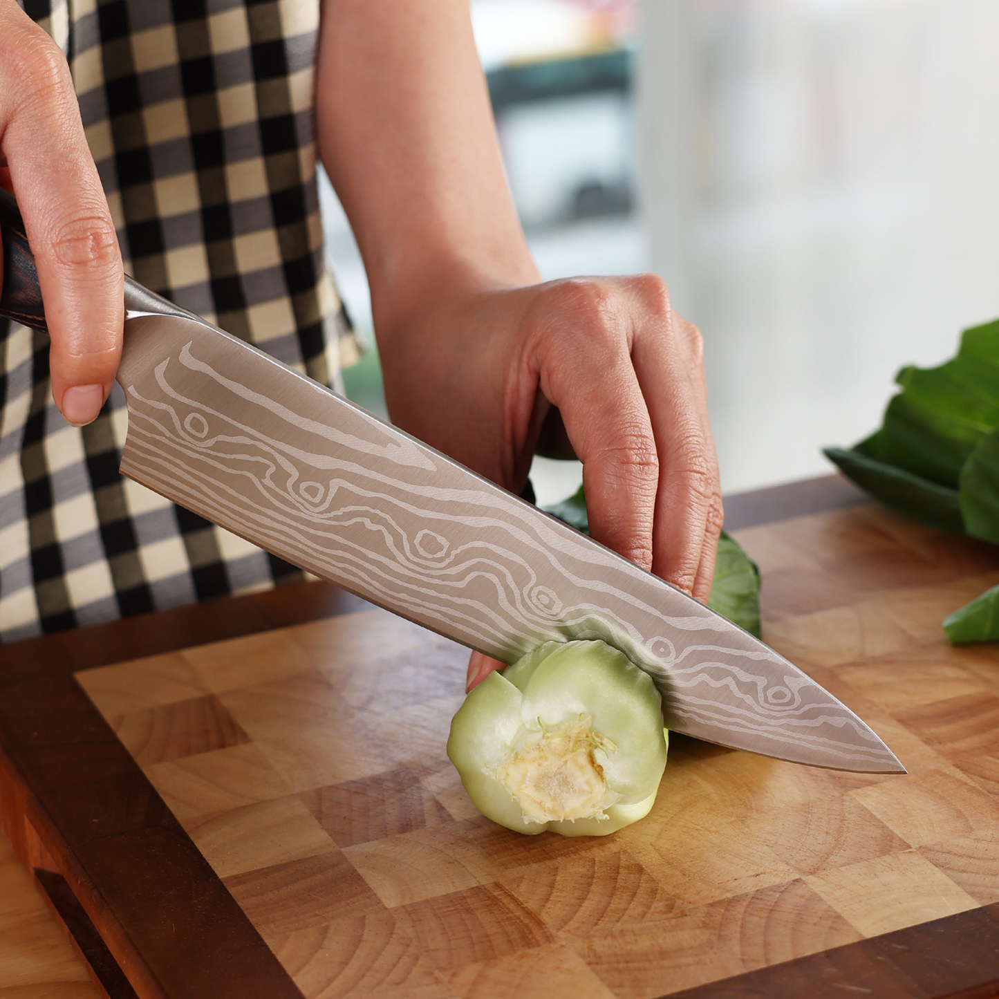 hecef 3PCS Professional Knife Set Stainless Steel Ergonomic wood Handle Laser Damascus Pattern Extra Sharp and Versatile, For Chef, Nakiri & Utility Knife, Perfect for all Kitchen Tasks