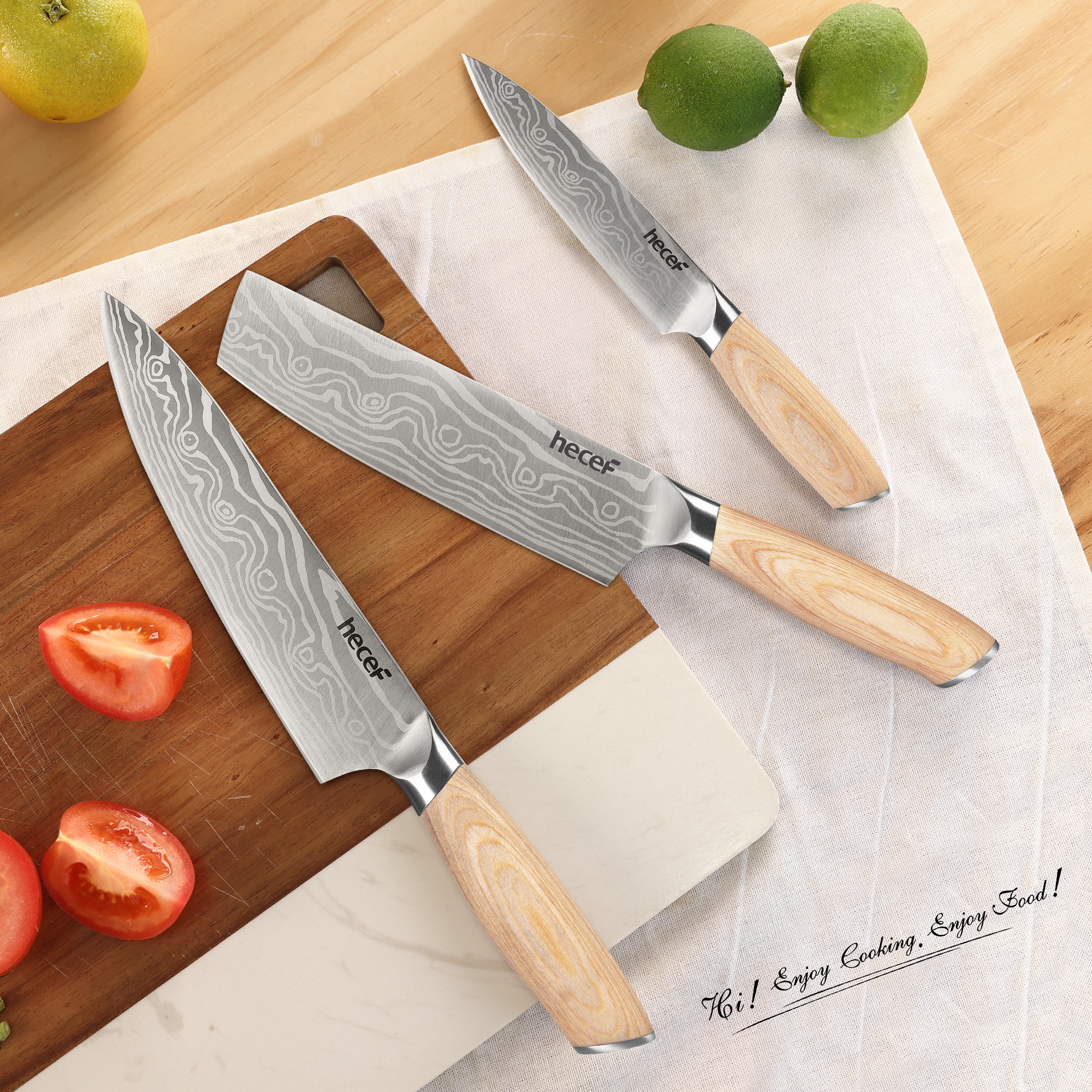 hecef 3PCS Professional Knife Set Stainless Steel Ergonomic wood Handle Laser Damascus Pattern Extra Sharp and Versatile, For Chef, Nakiri & Utility Knife, Perfect for all Kitchen Tasks