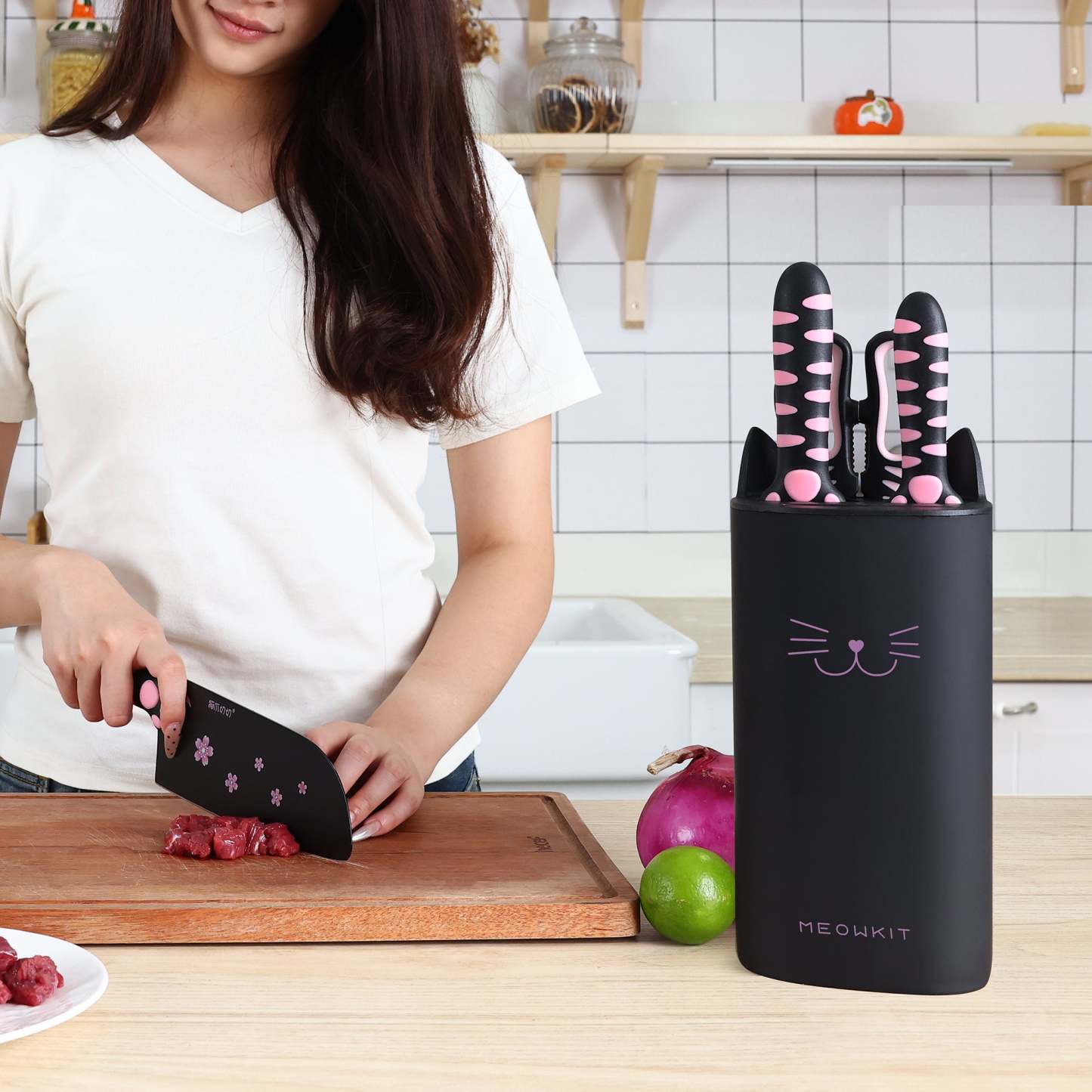 Meowkit 5-Piece Knife Set with Block, High Carbon Steel Extra Sharp Edge with Cat Paw Handle