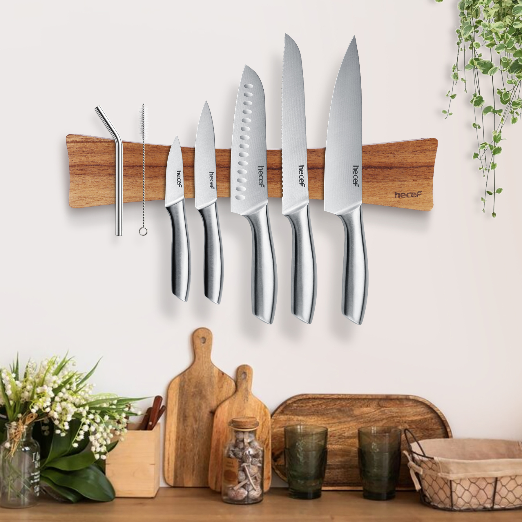 Hecef 15.7 In Chinaberry Wood Magnetic Knife Strip with Powerful Magnets for Wall, Kitchen Knife Organizer Rack
