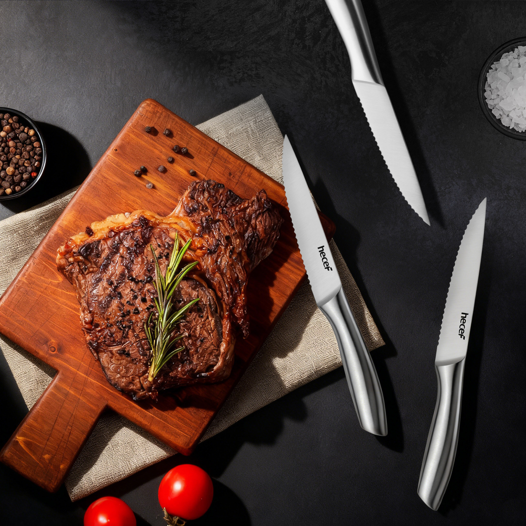 Hecef 6PCS All-steel Steak Knives, 5-inch High-carbon Stainless Steel Sharp Serrated Edge Dishwasher safe knives