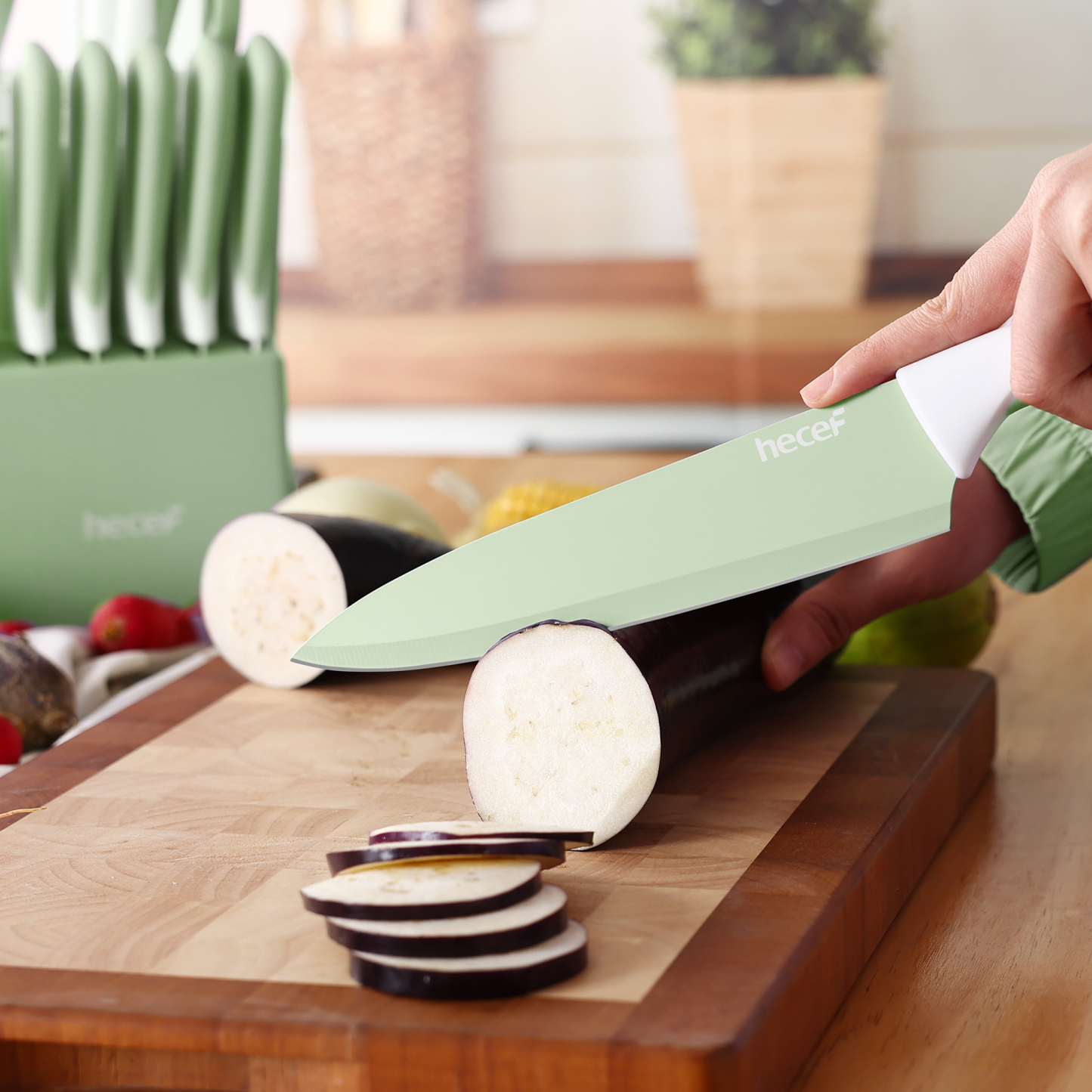 hecef 15PCS Sharp Kitchen Knife Set with Built-in Sharpening Wooden Block Dishwasher Safe