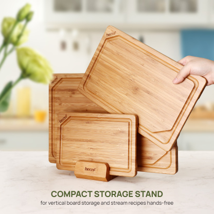 Hecef Carbonized Bamboo Cutting Board Set With Stand, 3 Reversible Chopping And Serving Boards, 15 Inch