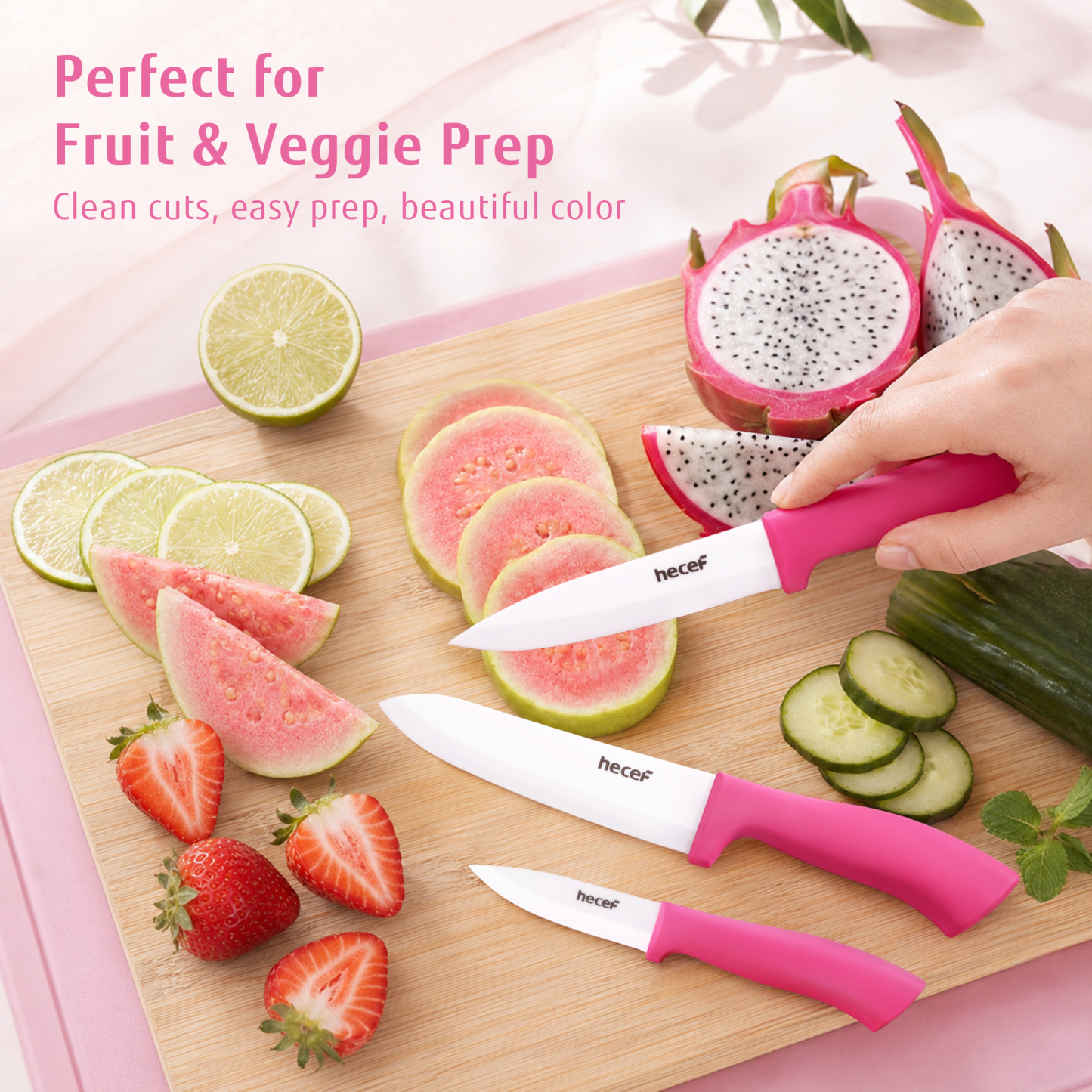 Hecef 3-Piece Ceramic Knife Set With 3 Blade Covers, Hot Pink Sharp Chef Utility Paring Knife