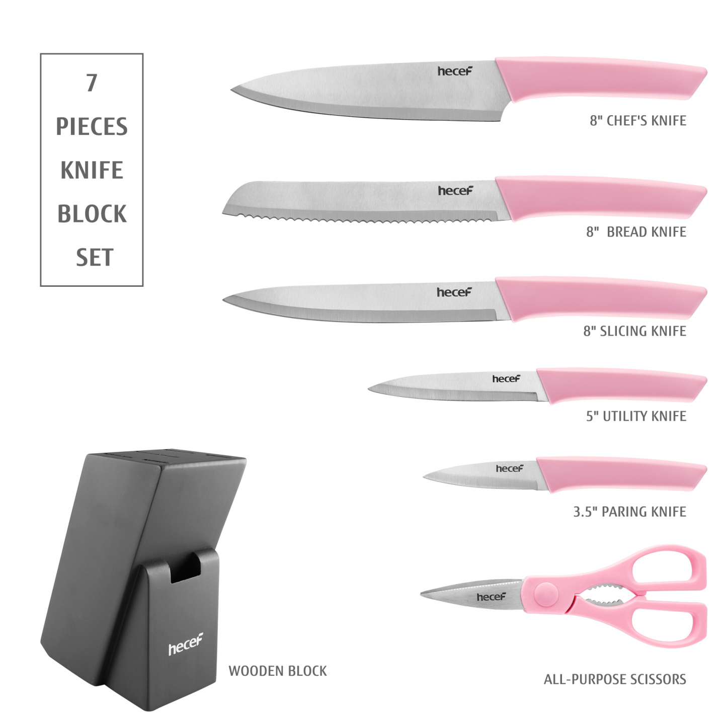 hecef 7-Piece Knife Block Set with Sharp and Non-stick Stainless Steel Blade and Ergonomic Handle