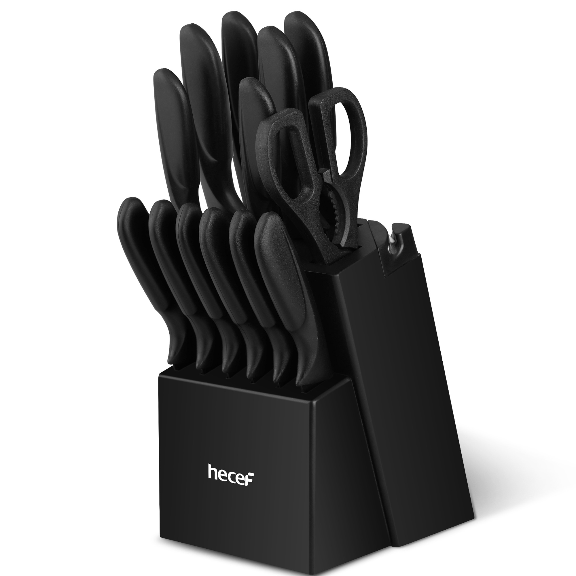 Hecef 15-Piece Kitchen Knife Block Set, Dishwasher Safe High Carbon Stainless Steel Black Cutlery Set