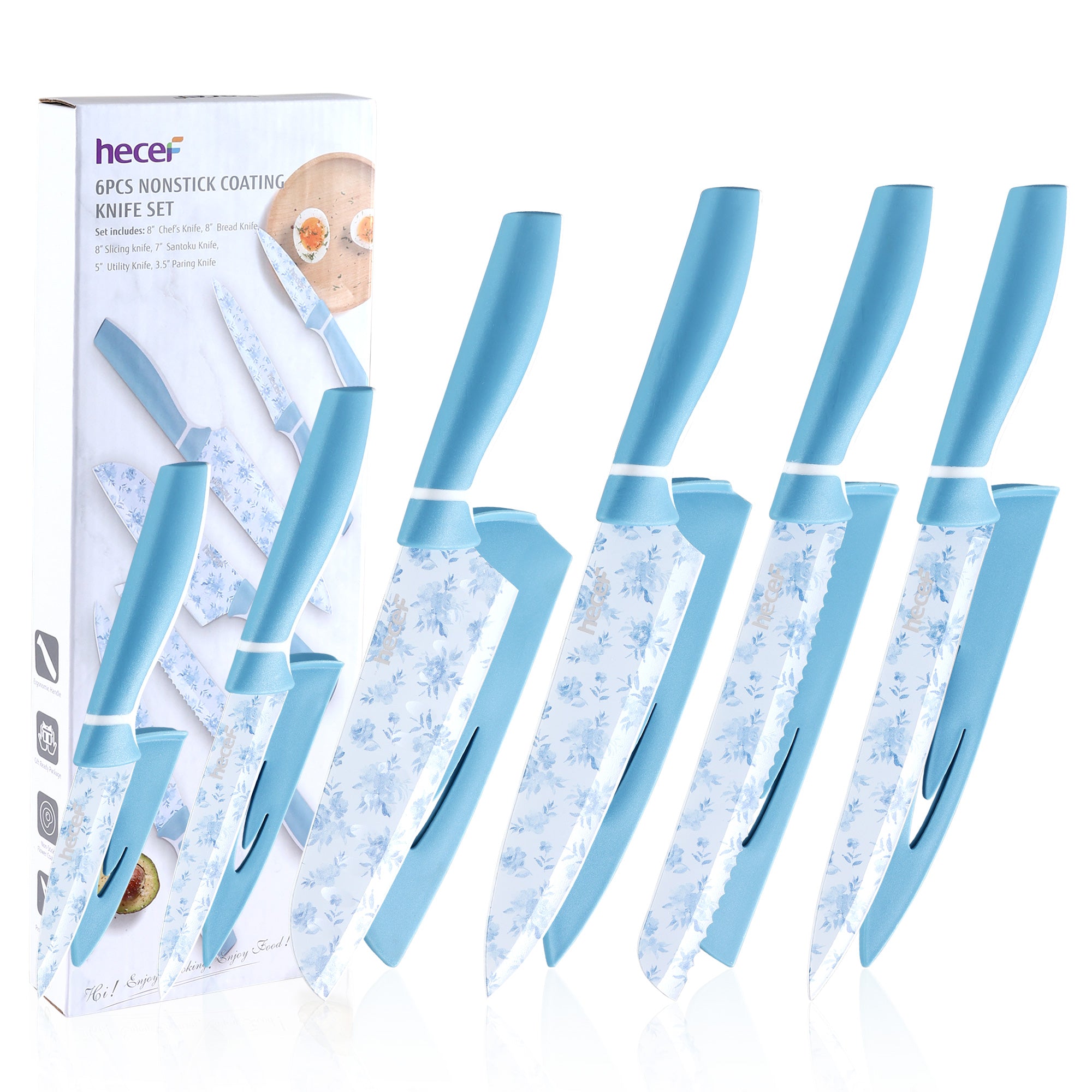 Hecef 6-piece Stainless Steel Kitchen Knife Set,Blue and White Porcelain Pattern
