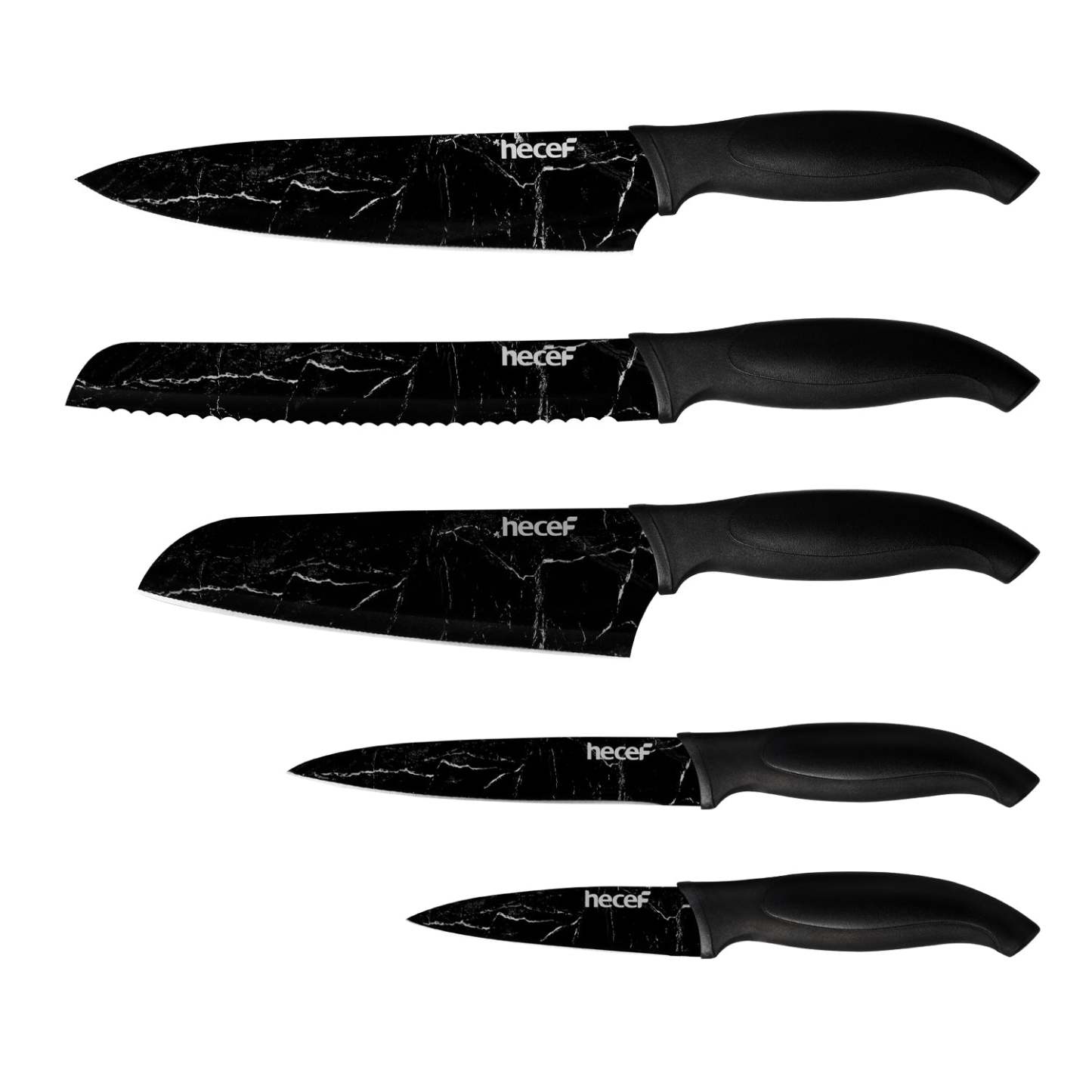 hecef Marble Pattern Kitchen Knife Set of 5, Premium Stainless Steel Blade with Ergonomic Handle(PP+TPR Material)includes Santoku, Chef, Bread, Utility and Paring Knife - Hecef Kitchen