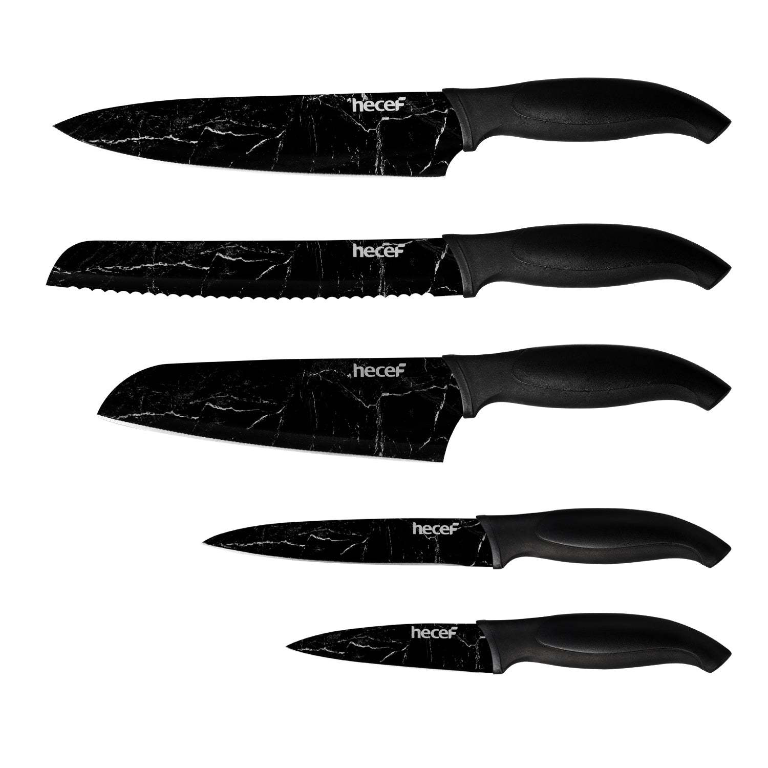 hecef Marble Pattern Kitchen Knife Set of 5, Premium Stainless Steel Blade with Ergonomic Handle(PP+TPR Material)includes Santoku, Chef, Bread, Utility and Paring Knife - Hecef Kitchen