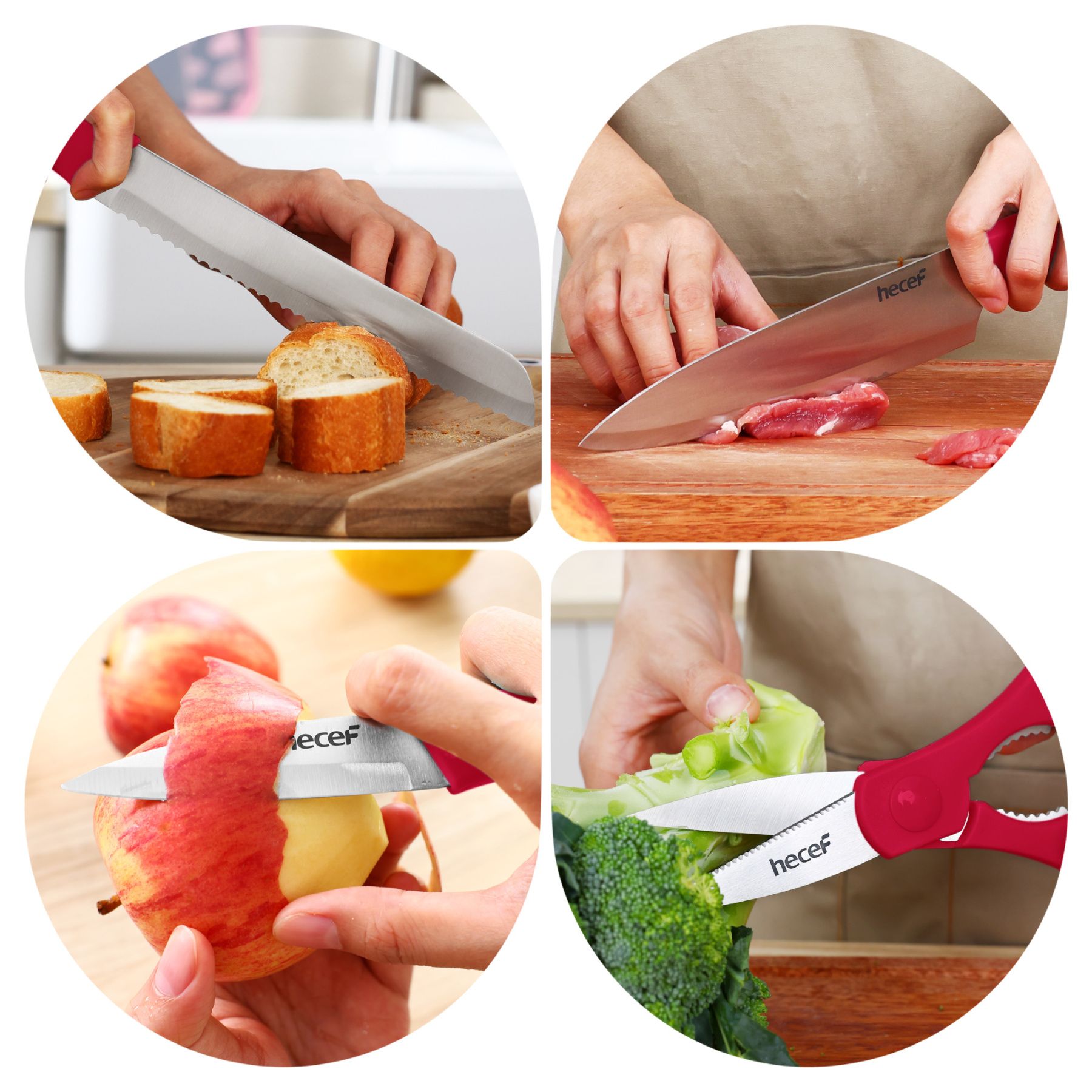 hecef 7-Piece Knife Block Set with Sharp and Non-stick Stainless Steel Blade and Ergonomic Handle