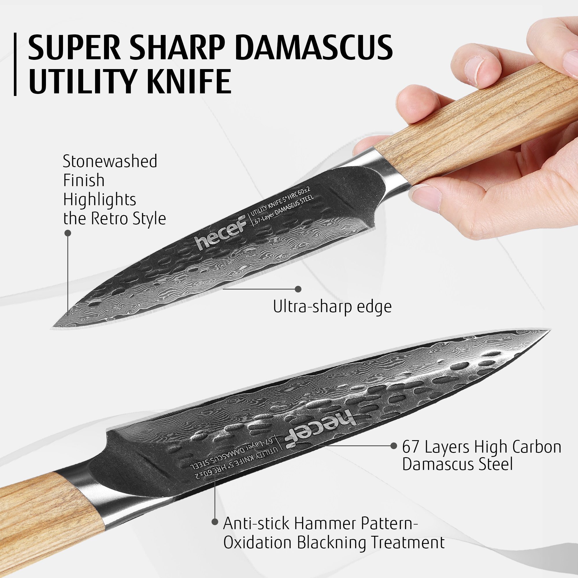 hecef 5 Inch Chef Knife Damascus Professional Japanese Knife, High Carbon Damascus Stainless Steel Kitchen Knife