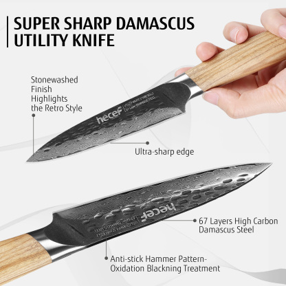 hecef 5 Inch Chef Knife Damascus Professional Japanese Knife, High Carbon Damascus Stainless Steel Kitchen Knife