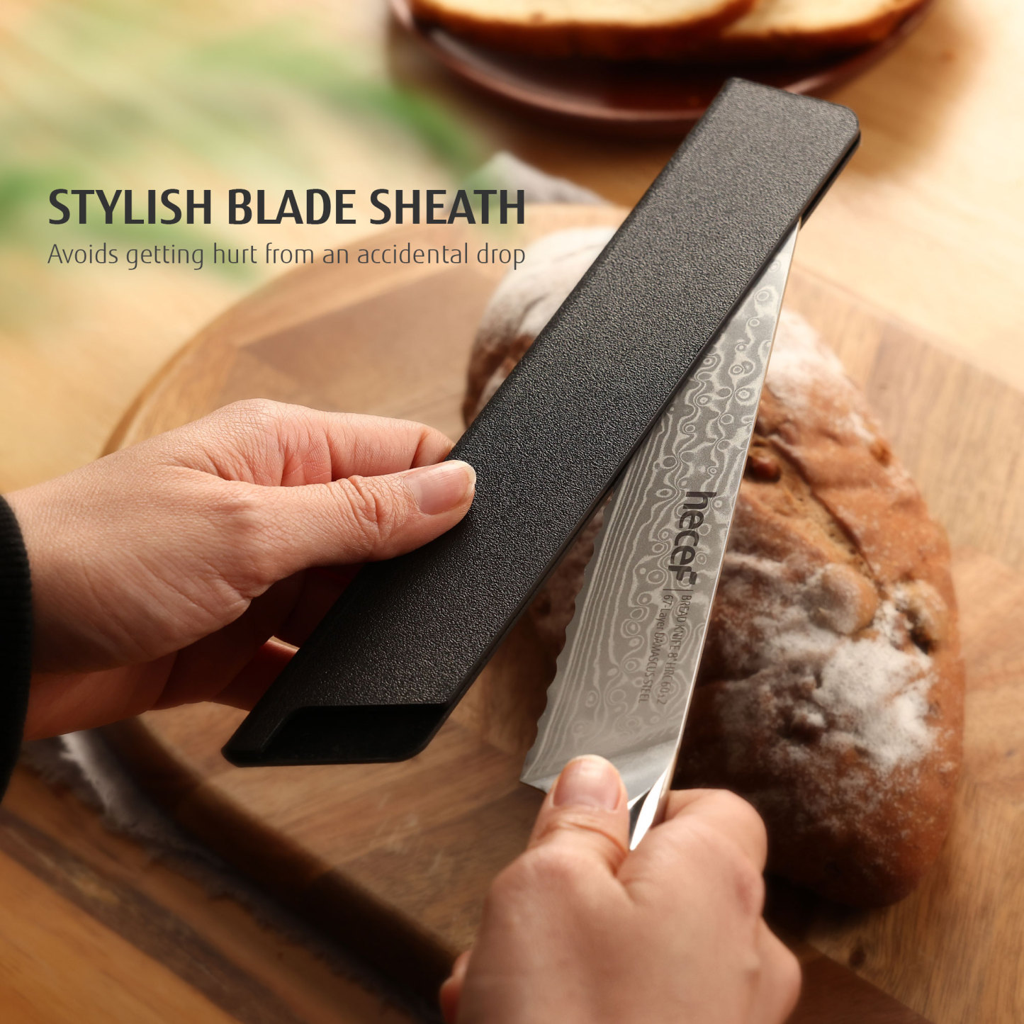 hecef 8.1in Damascus Bread Knife High Carbon Stainless Steel Ultra Sharp Janpanese Kitchen Knives with Resin Handle