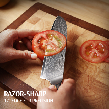 hecef 7in Damascus Chef Knife, High Carbon Stainless Steel Ultra Sharp Janpanese Kitchen Knives with Resin Handle 