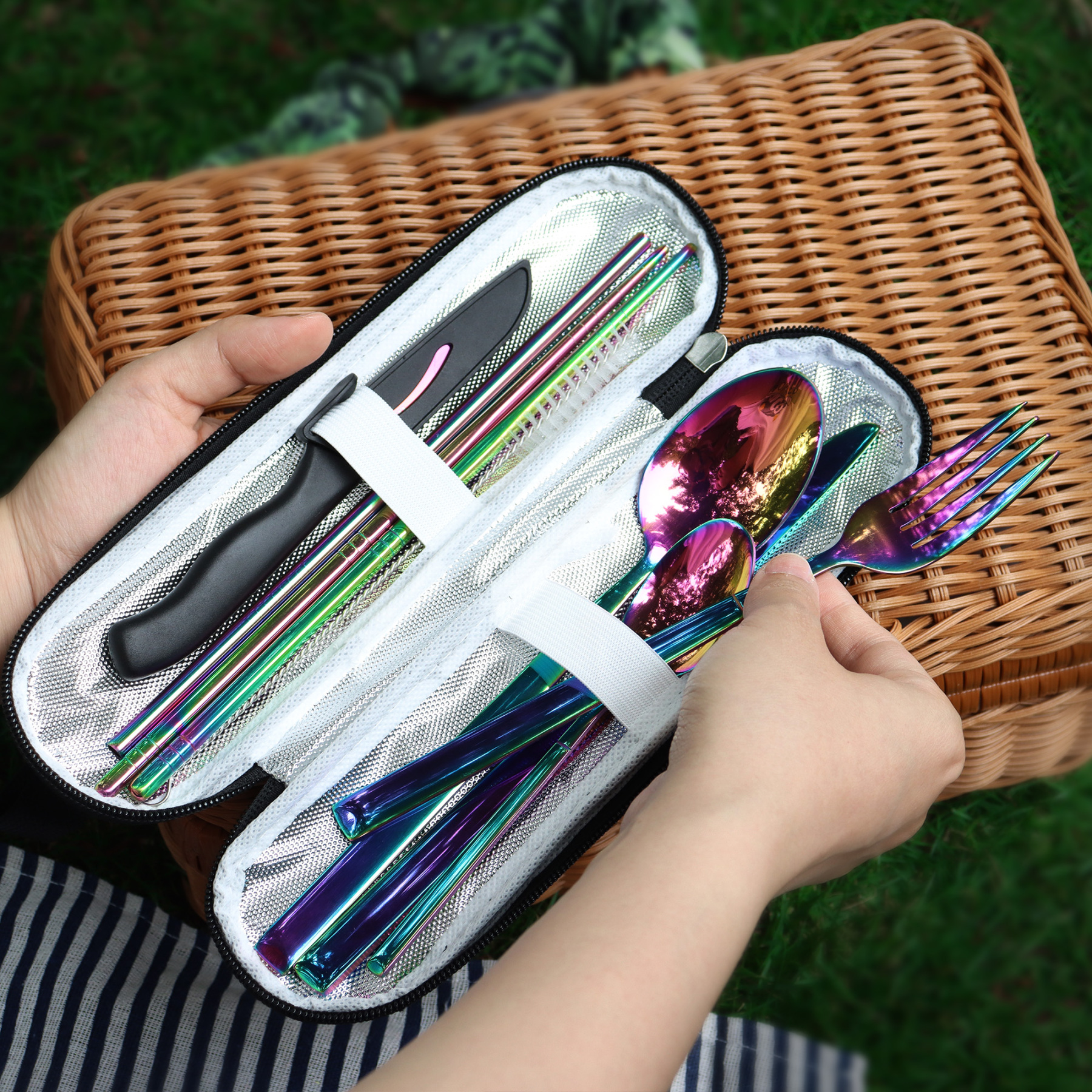 Hecef 9 Pieces Camping Cutlery Set with Compact Carrying Case, Reusable 18/0 Stainless Steel Utensils, Handy Flatware Set for Work, School, Camping and Travel