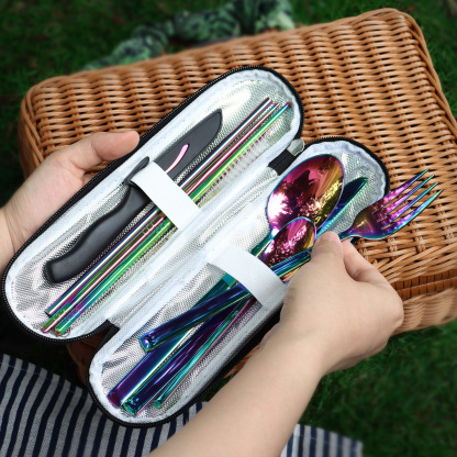 Hecef 9 Pieces Camping Cutlery Set with Compact Carrying Case, Reusable 18/0 Stainless Steel Utensils, Handy Flatware Set for Work, School, Camping and Travel