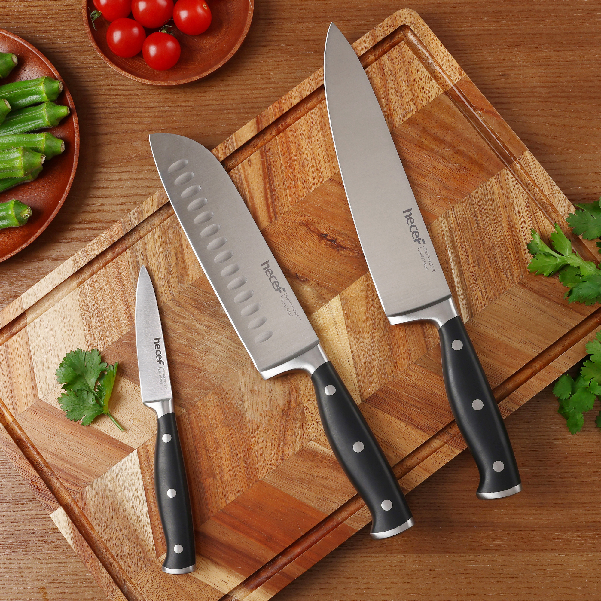 hecef Knife Set, 3-Piece Kitchen Knife Set with Ergonomic ABS Handle, Full Tang, Sharp Chef's Knife, Professional Knife Made of High-Quality Carbon Stainless Steel with Chef's Knife, Santukum Knife