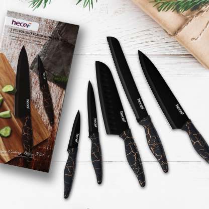 hecef 5 PCS Non-stick Coated Kitchen Knife Set with PP Handle and Protective Sheath, Exclusive Black Chef knife set, Scratch Resistance & Rust Proof (Lightning pattern) - Hecef Kitchen