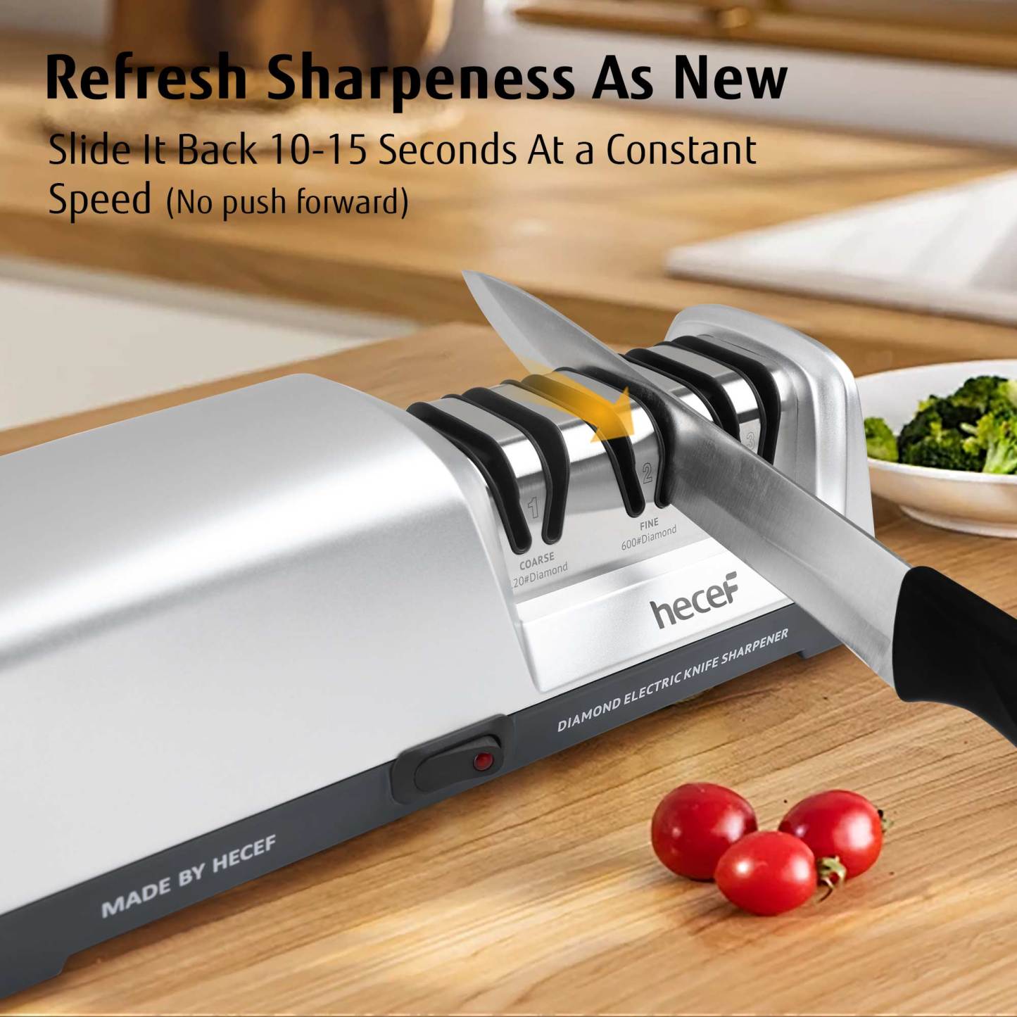hecef Electric Knife Sharpener, Professional Kitchen Automatic Sharpener for Chef, 3-Stage, 15 Degree