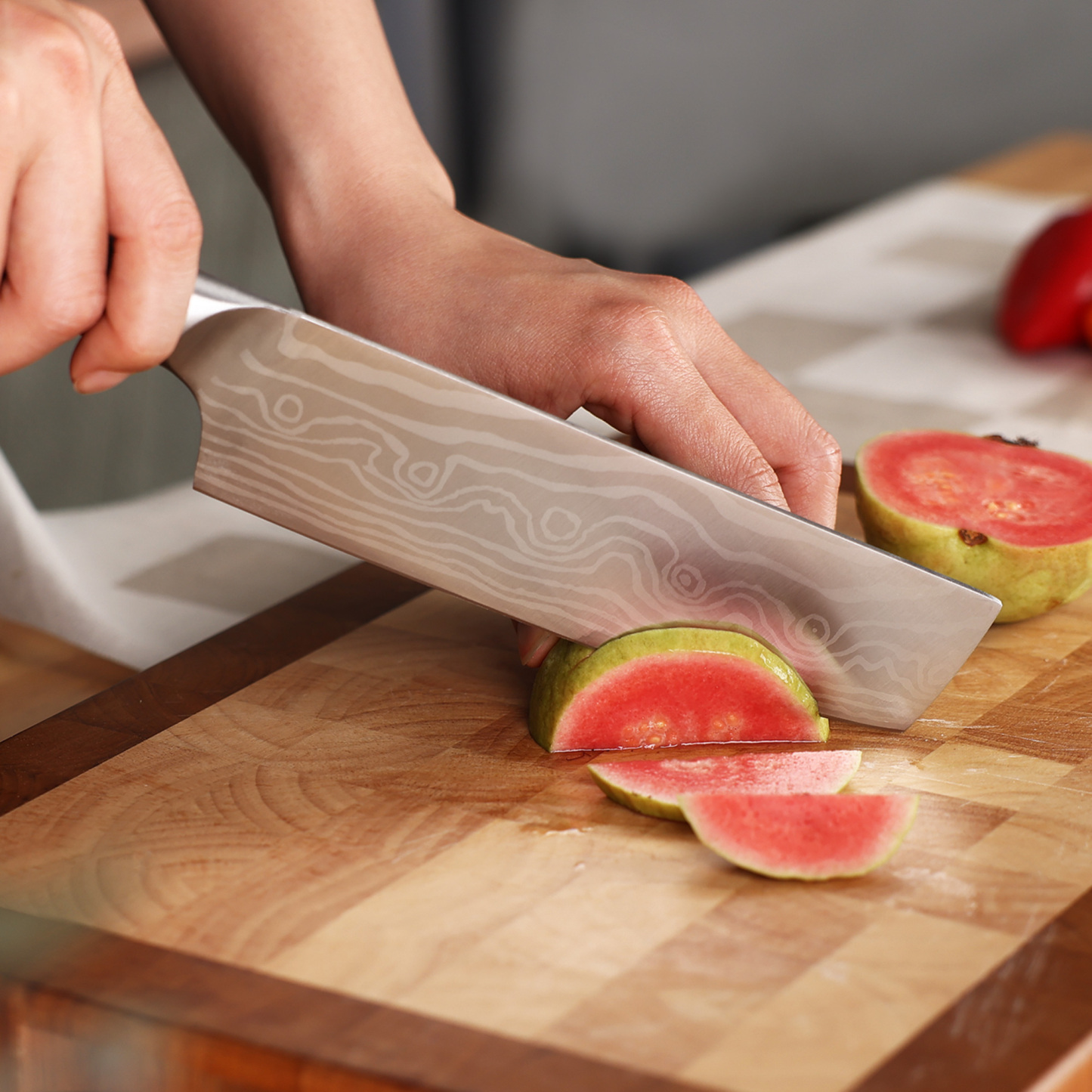 hecef 3PCS Professional Knife Set Stainless Steel Ergonomic wood Handle Laser Damascus Pattern Extra Sharp and Versatile, For Chef, Nakiri & Utility Knife, Perfect for all Kitchen Tasks