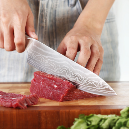 hecef 3PCS Professional Knife Set Stainless Steel Ergonomic wood Handle Laser Damascus Pattern Extra Sharp and Versatile, For Chef, Nakiri & Utility Knife, Perfect for all Kitchen Tasks