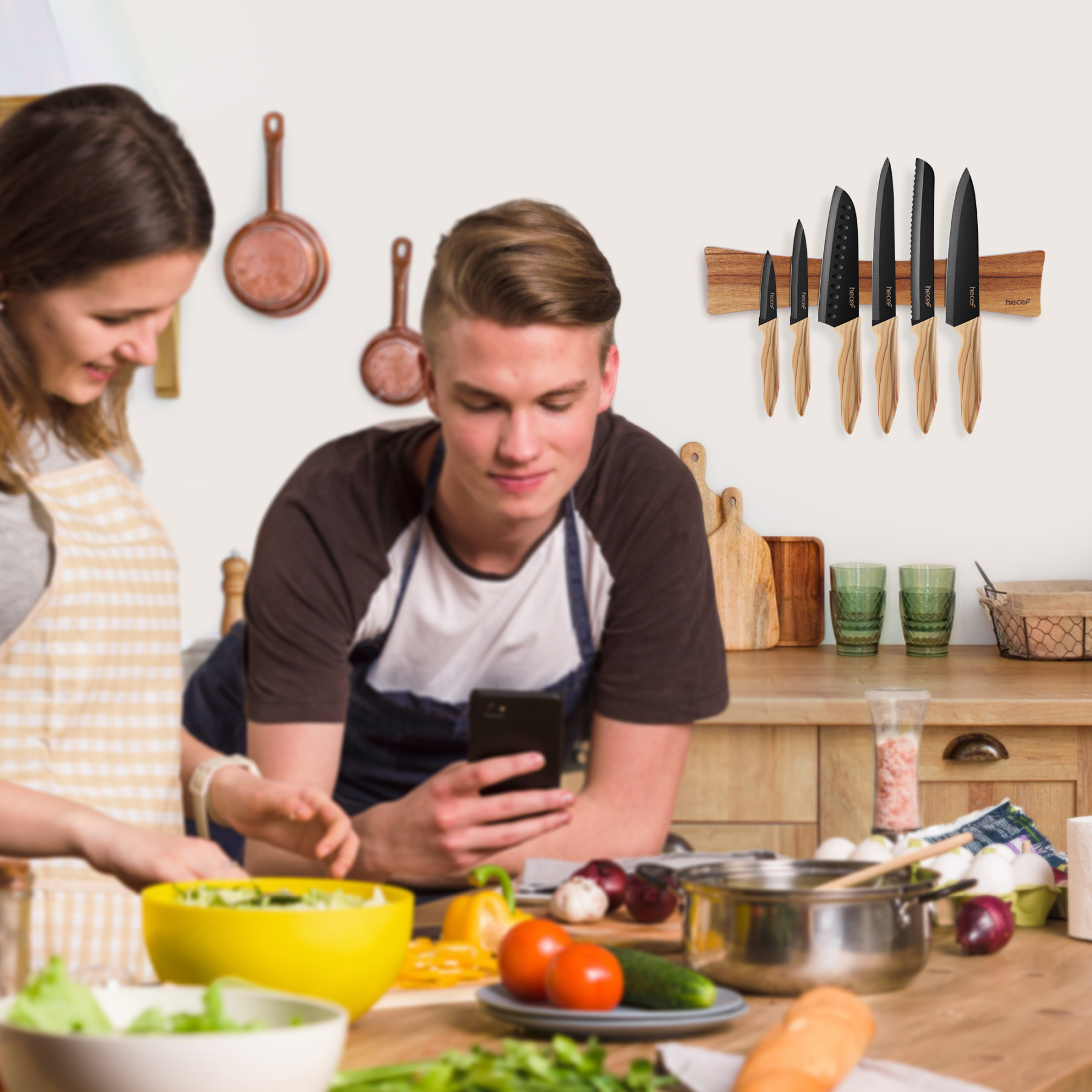 Hecef 15.7 In Chinaberry Wood Magnetic Knife Strip with Powerful Magnets for Wall, Kitchen Knife Organizer Rack