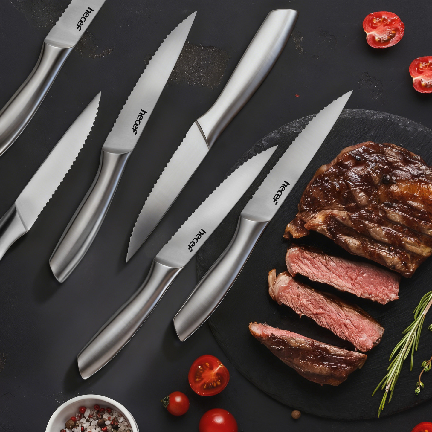 Hecef 6PCS All-steel Steak Knives, 5-inch High-carbon Stainless Steel Sharp Serrated Edge Dishwasher safe knives