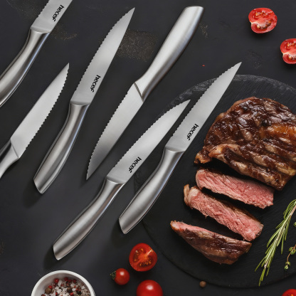 Hecef 6PCS All-steel Steak Knives, 5-inch High-carbon Stainless Steel Sharp Serrated Edge Dishwasher safe knives