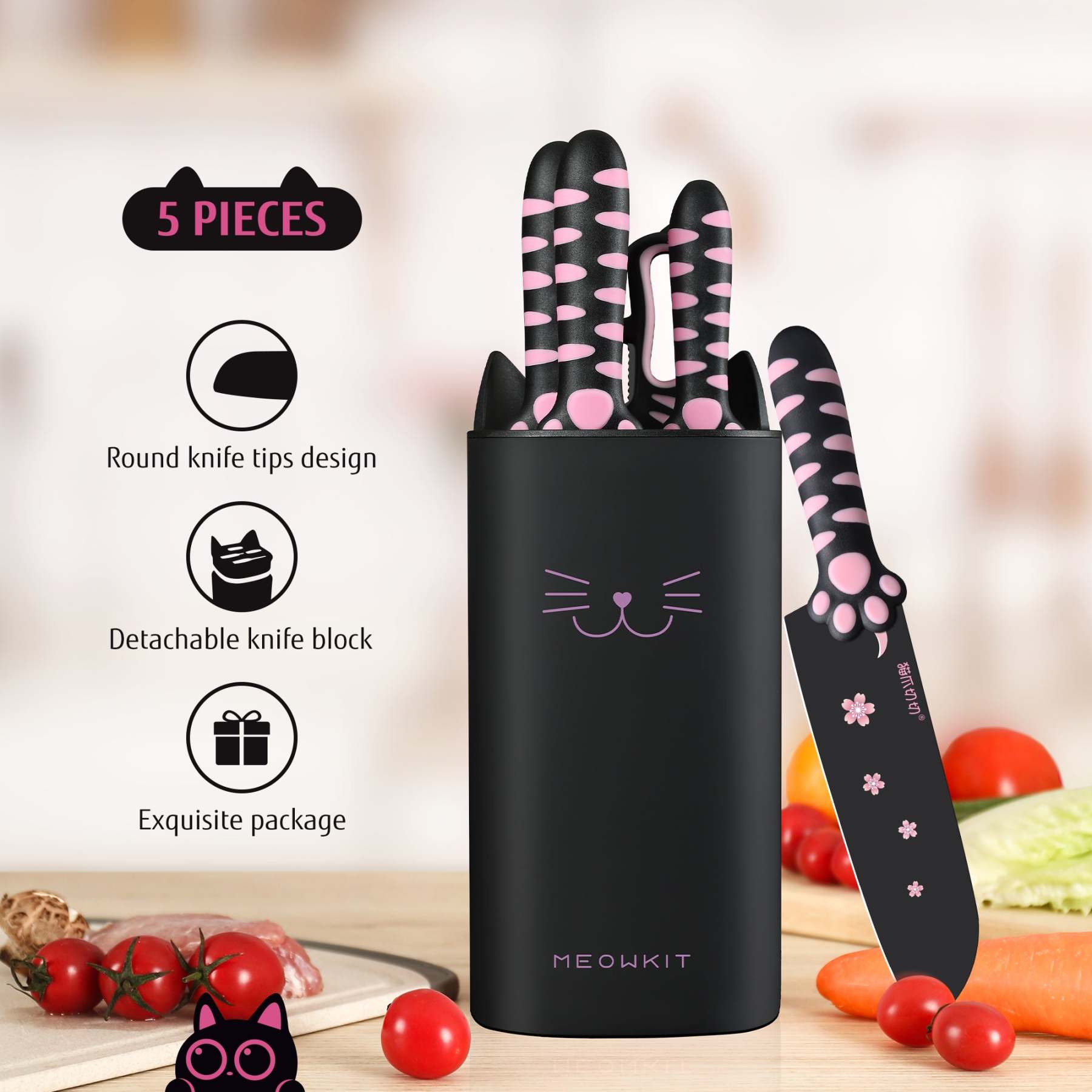 Meowkit 5-Piece Knife Set with Block, High Carbon Steel Extra Sharp Edge with Cat Paw Handle