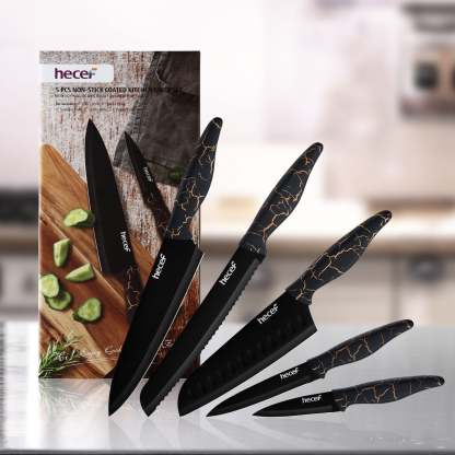 hecef 5 PCS Non-stick Coated Kitchen Knife Set with PP Handle and Protective Sheath, Exclusive Black Chef knife set, Scratch Resistance & Rust Proof (Lightning pattern) - Hecef Kitchen
