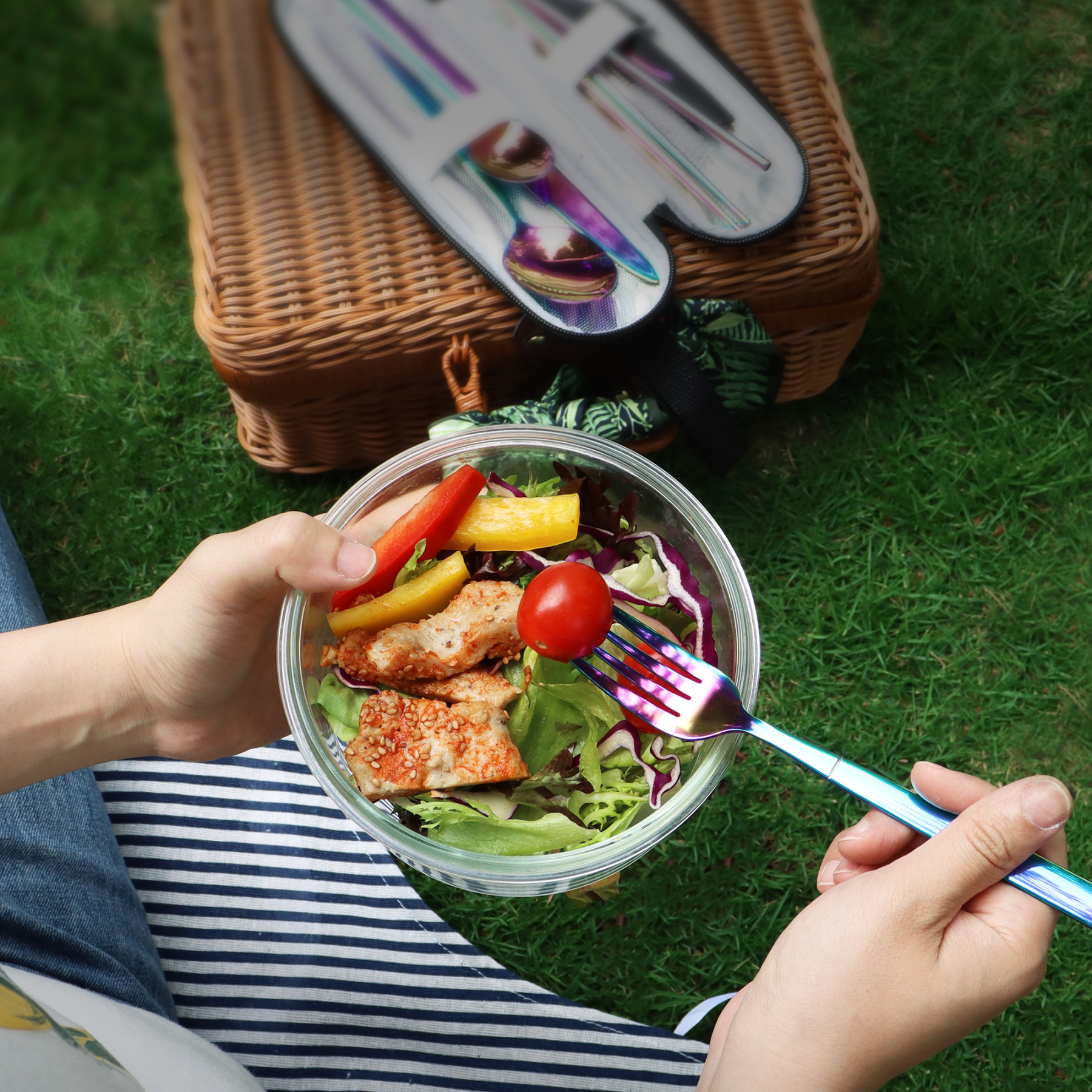 Hecef 9 Pieces Camping Cutlery Set with Compact Carrying Case, Reusable 18/0 Stainless Steel Utensils, Handy Flatware Set for Work, School, Camping and Travel