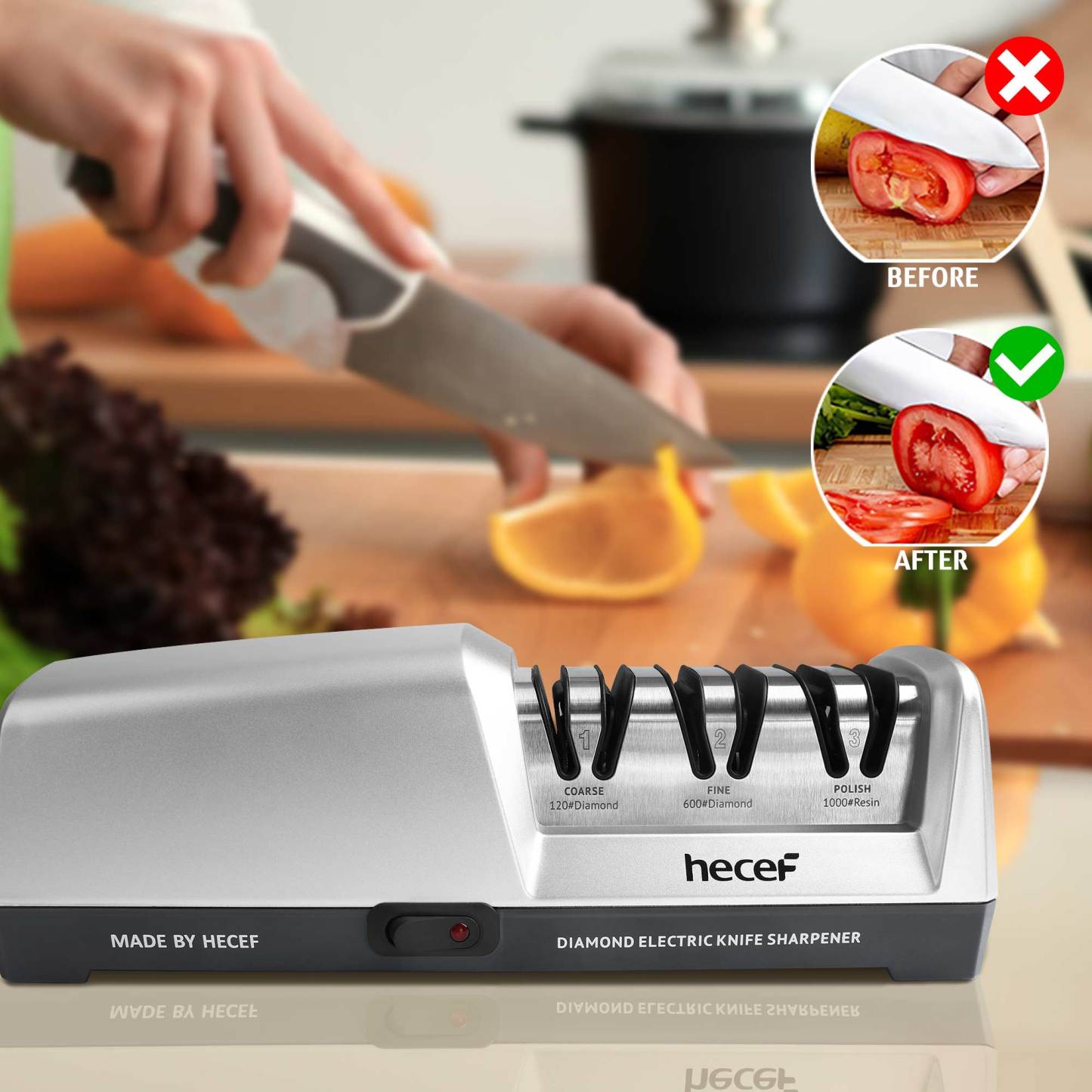 hecef Electric Knife Sharpener, Professional Kitchen Automatic Sharpener for Chef, 3-Stage, 15 Degree