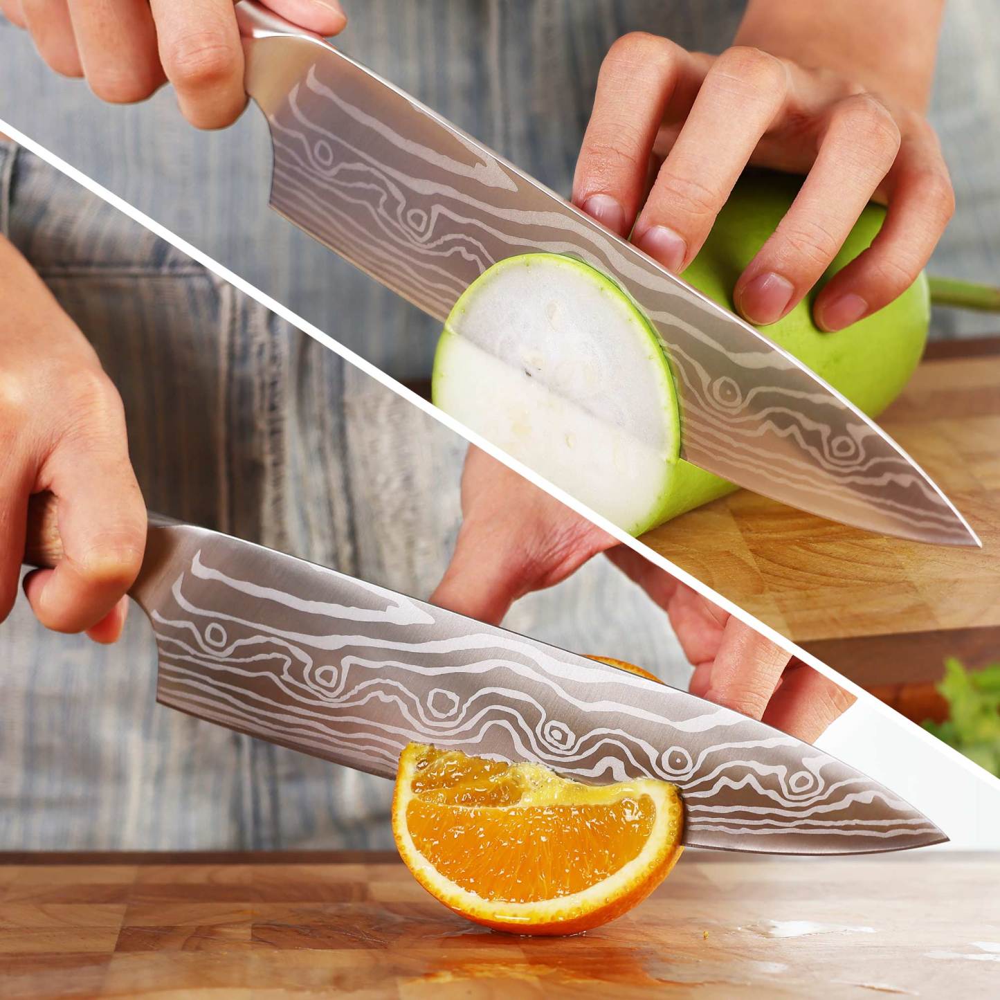 Hecef 8-Inch Chef Knife with Japanese Damascus Pattern Sharp Non-stick Ergonomic Wood Handle