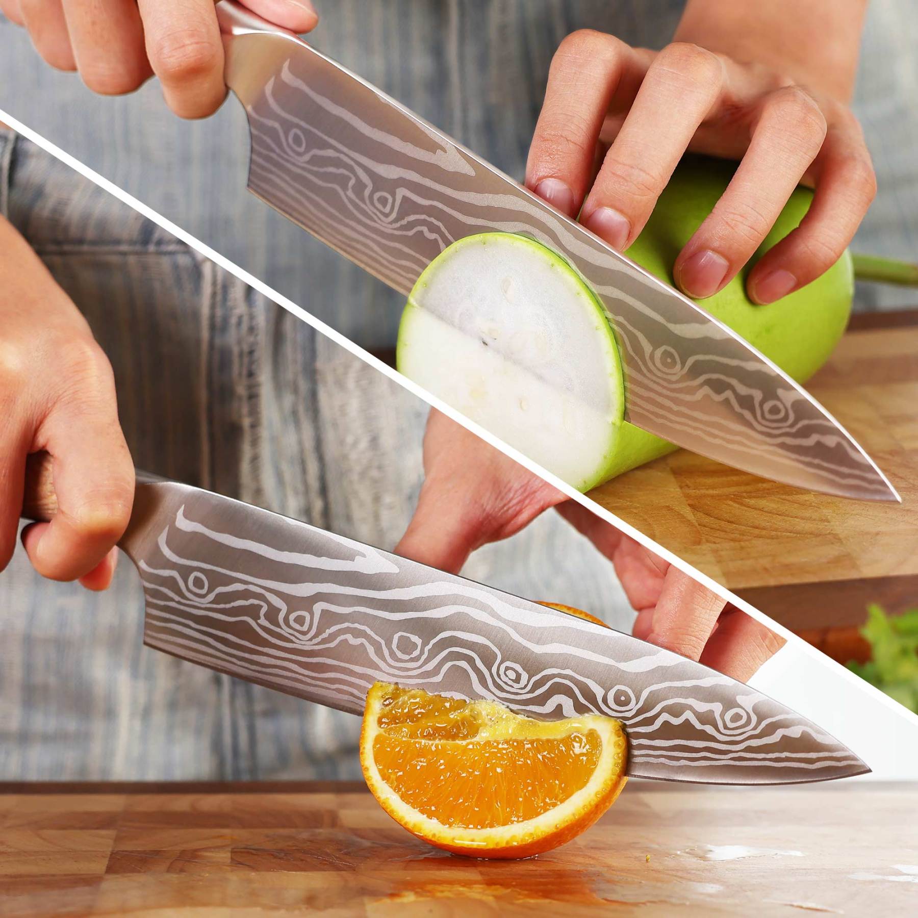 Hecef 8-Inch Chef Knife with Japanese Damascus Pattern Sharp Non-stick Ergonomic Wood Handle