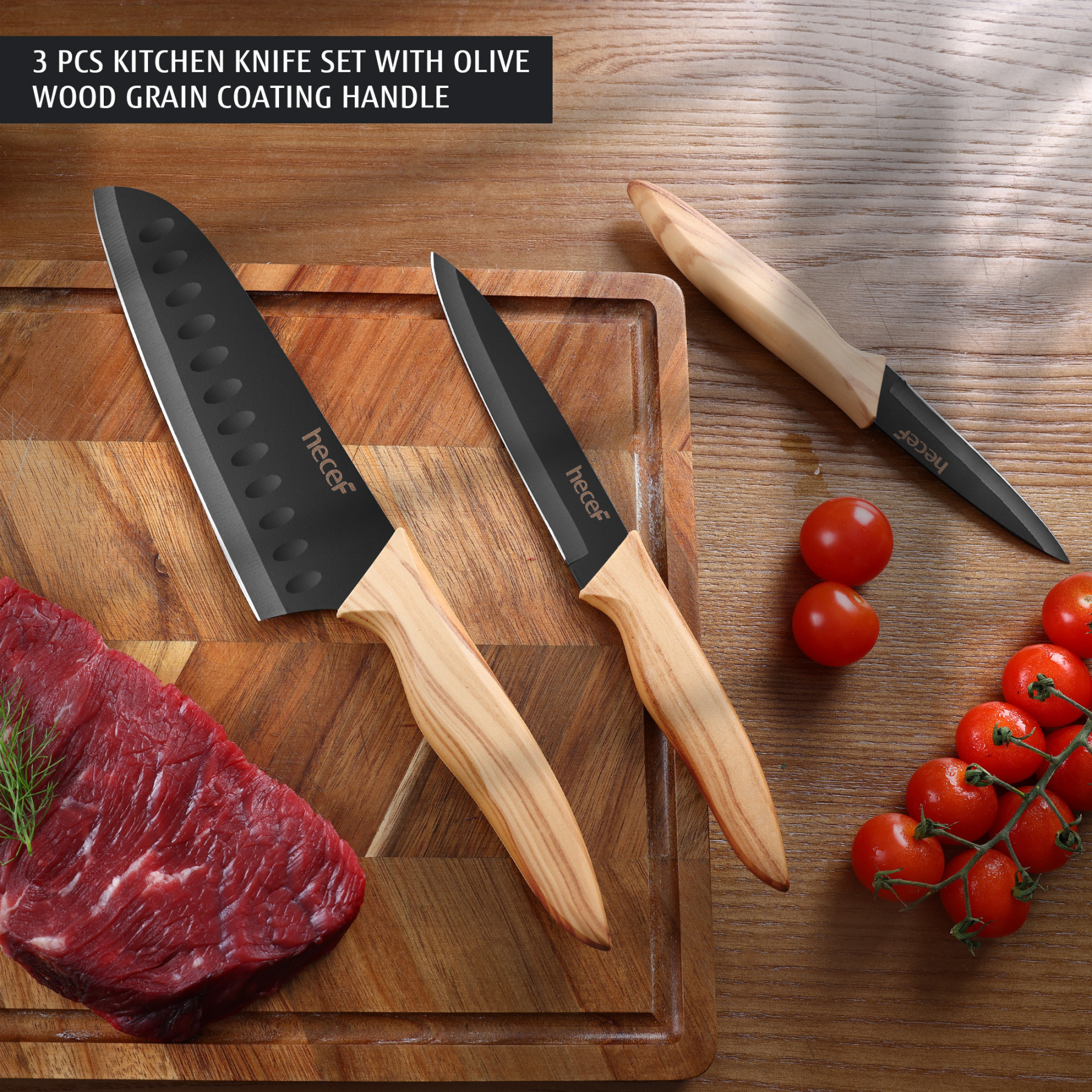 hecef 3-Piece Kitchen Knife Set Non-Stick Coating Knives with Soft-Touch Handle, Professional Sharp Stainless Steel Blade for Chopping, Slicing, and Dicing