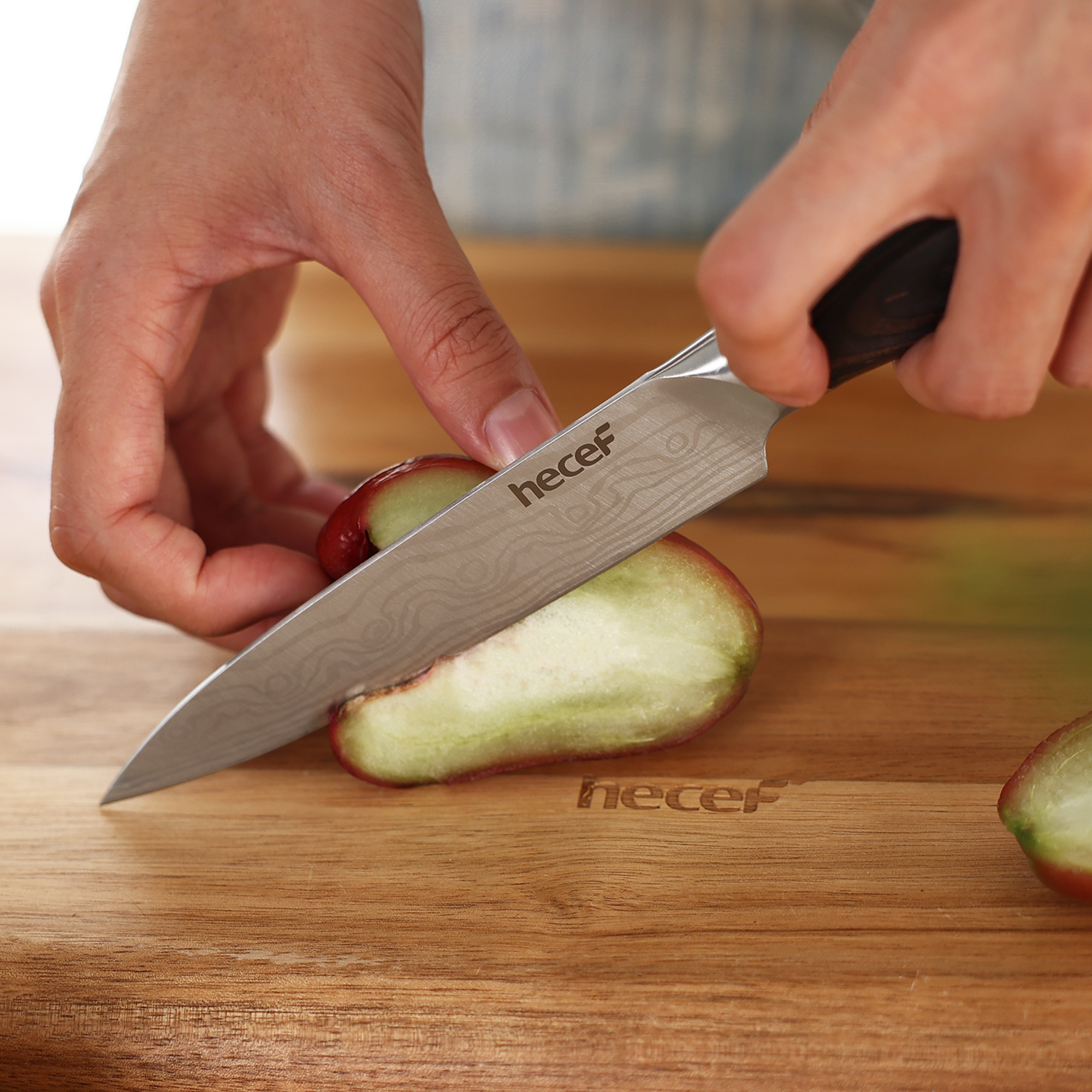 hecef 3PCS Professional Knife Set Stainless Steel Ergonomic wood Handle Laser Damascus Pattern Extra Sharp and Versatile, For Chef, Nakiri & Utility Knife, Perfect for all Kitchen Tasks