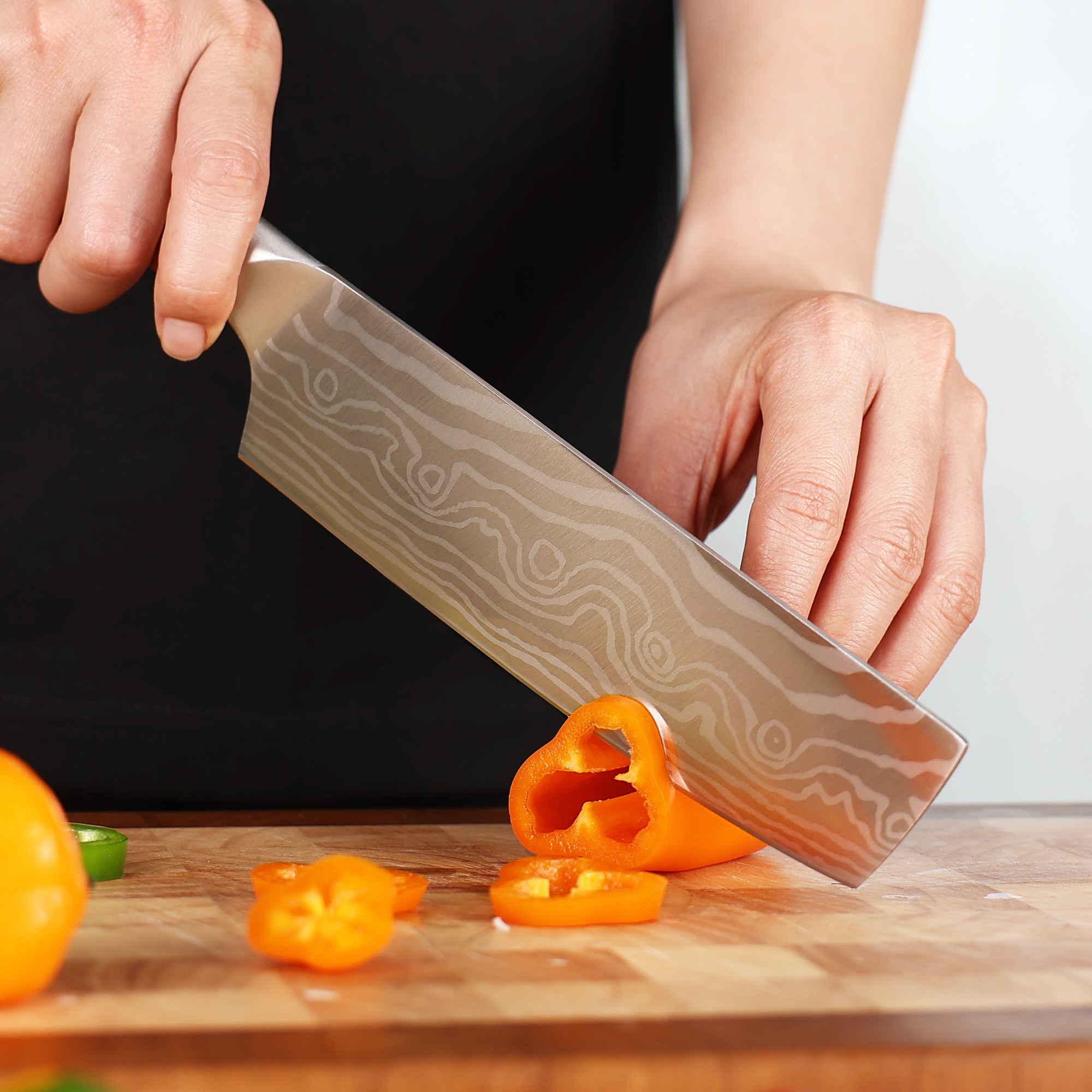 hecef 3PCS Professional Knife Set Stainless Steel Ergonomic wood Handle Laser Damascus Pattern Extra Sharp and Versatile, For Chef, Nakiri & Utility Knife, Perfect for all Kitchen Tasks