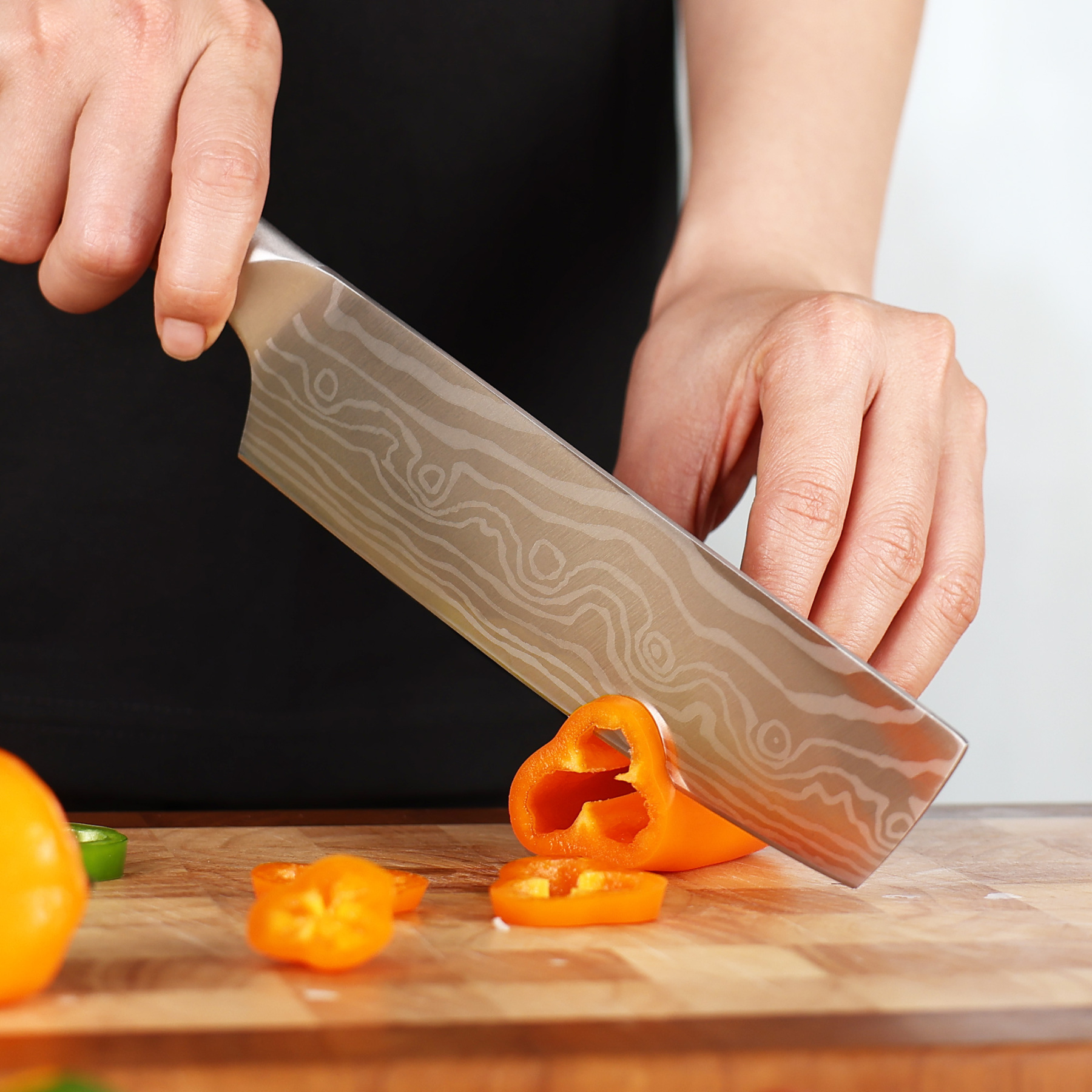 hecef 3PCS Professional Knife Set Stainless Steel Ergonomic wood Handle Laser Damascus Pattern Extra Sharp and Versatile, For Chef, Nakiri & Utility Knife, Perfect for all Kitchen Tasks