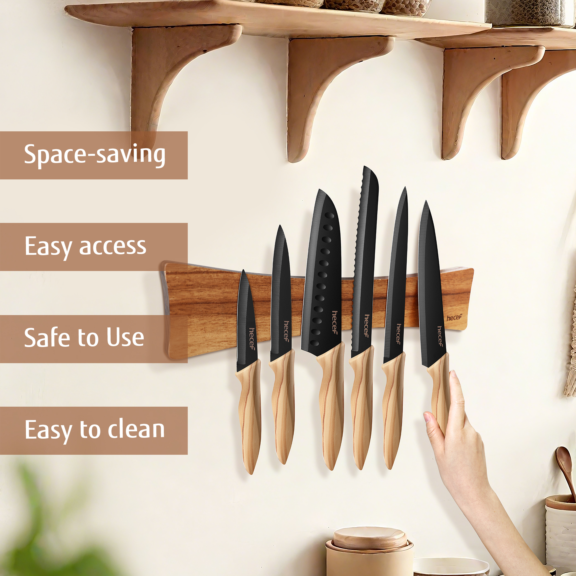 Hecef 15.7 In Chinaberry Wood Magnetic Knife Strip with Powerful Magnets for Wall, Kitchen Knife Organizer Rack