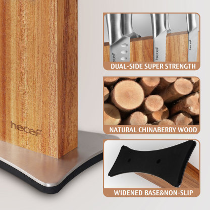 Hecef Double-Sided Magnetic Knife Block, Chinaberry Wood Knife Holder with Stainless Steel Base