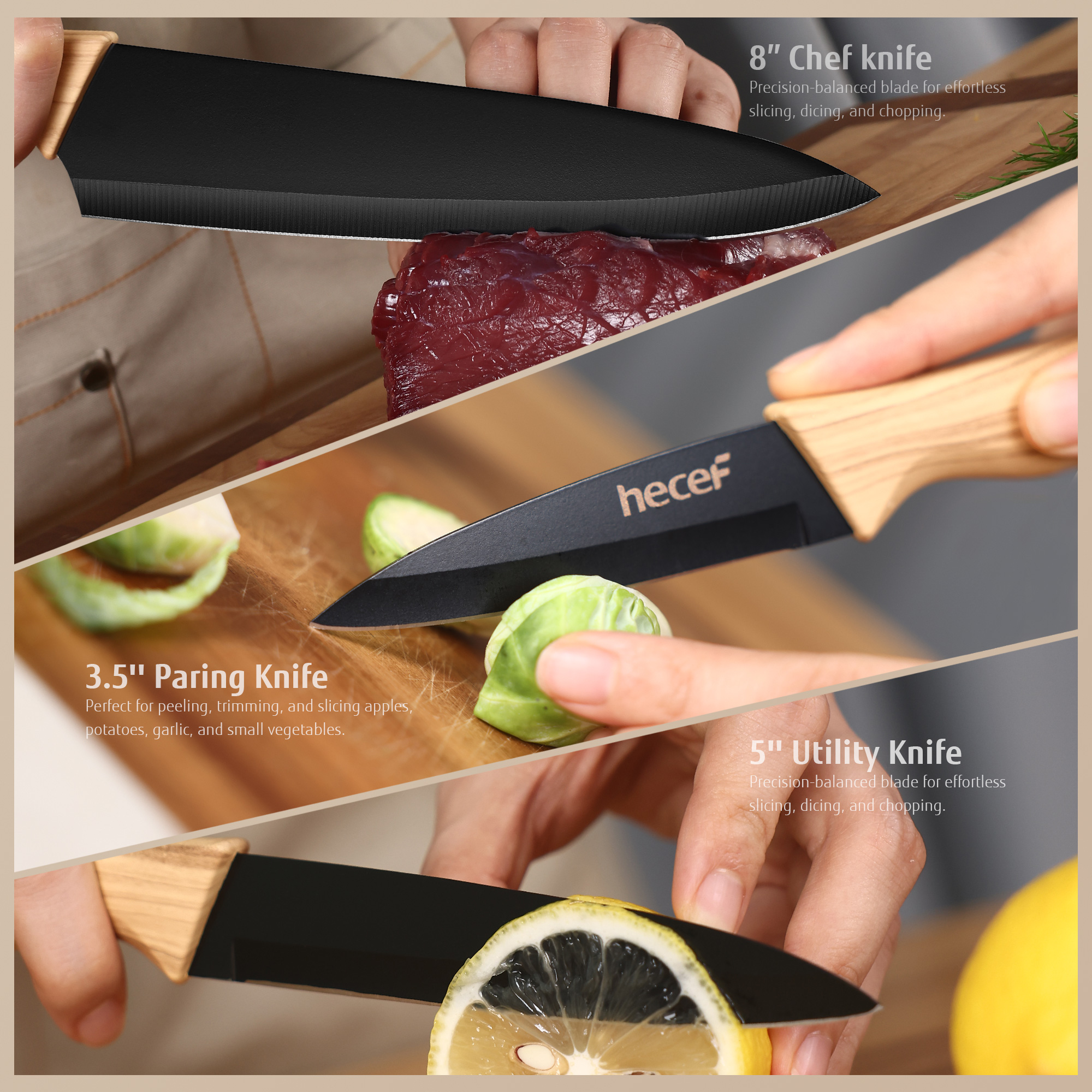 Hecef 6PCS Kitchen Knife Set Ultra Sharp Stainless Steel Chef's Knife with Knife Case