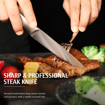 Hecef 6PCS All-steel Steak Knives, 5-inch High-carbon Stainless Steel Sharp Serrated Edge Dishwasher safe knives