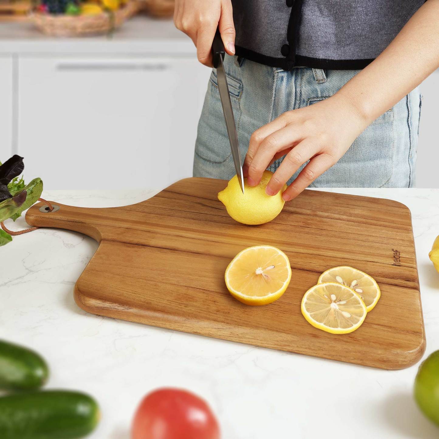 Hecef Square Charcuterie Board, Wooden Serving Cheese Board with Handle, 16.5 inch