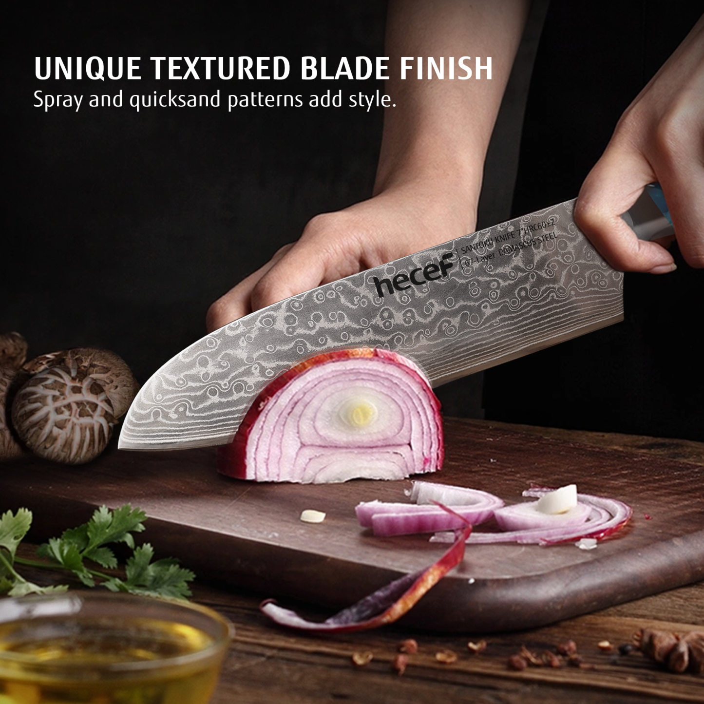 hecef 7in Damascus Chef Knife, High Carbon Stainless Steel Ultra Sharp Janpanese Kitchen Knives with Resin Handle