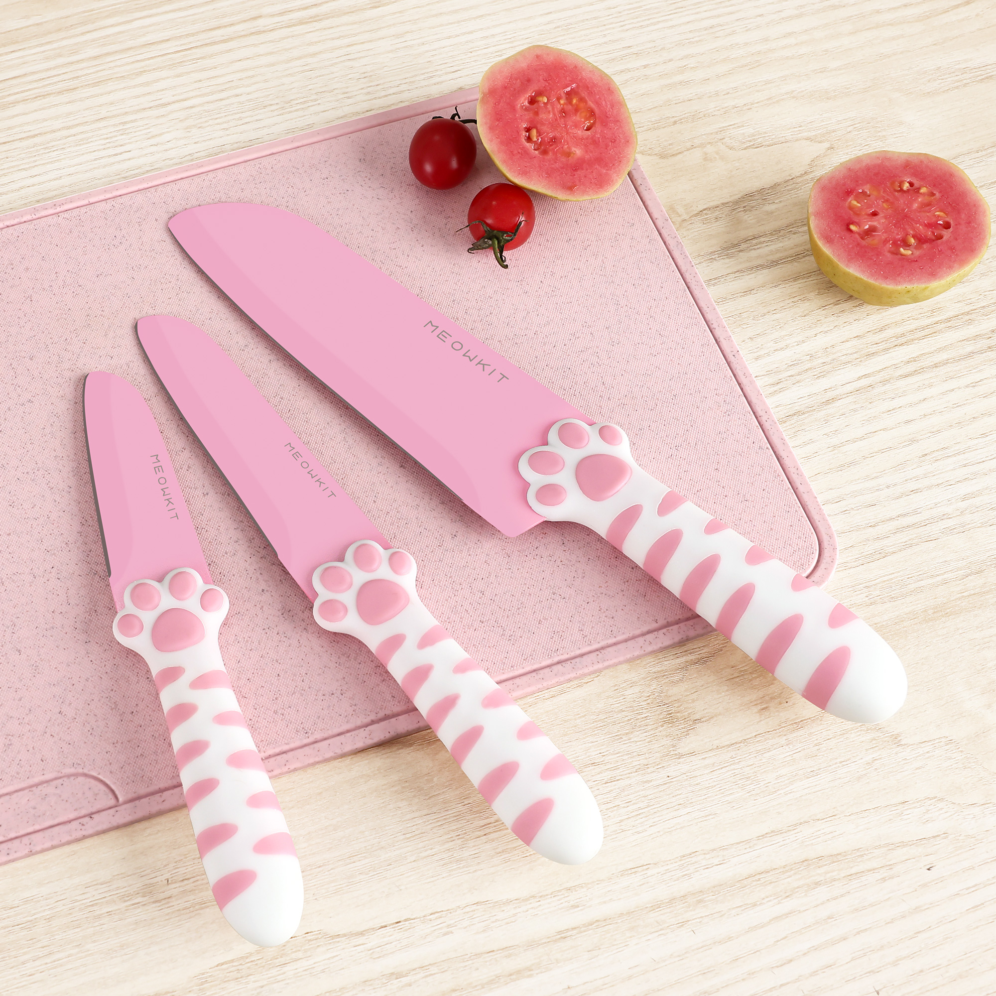 Meowkit Pink 3PCS Kitchen Knife Set Non-stick Coating Blade-PINK