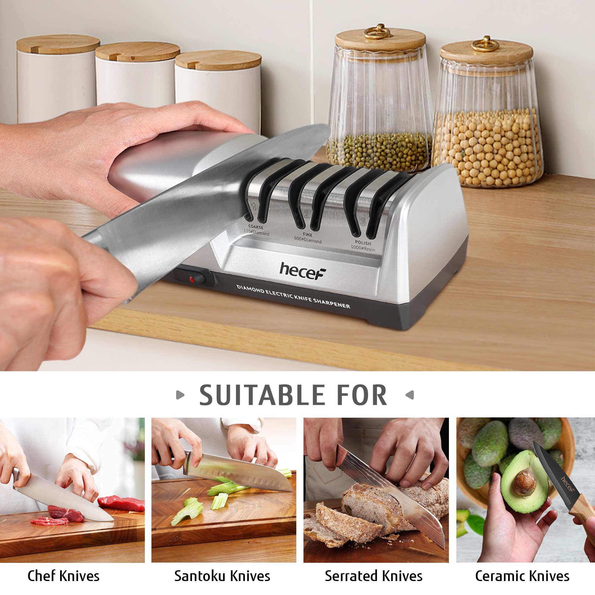 hecef Electric Knife Sharpener, Professional Kitchen Automatic Sharpener for Chef, 3-Stage, 15 Degree