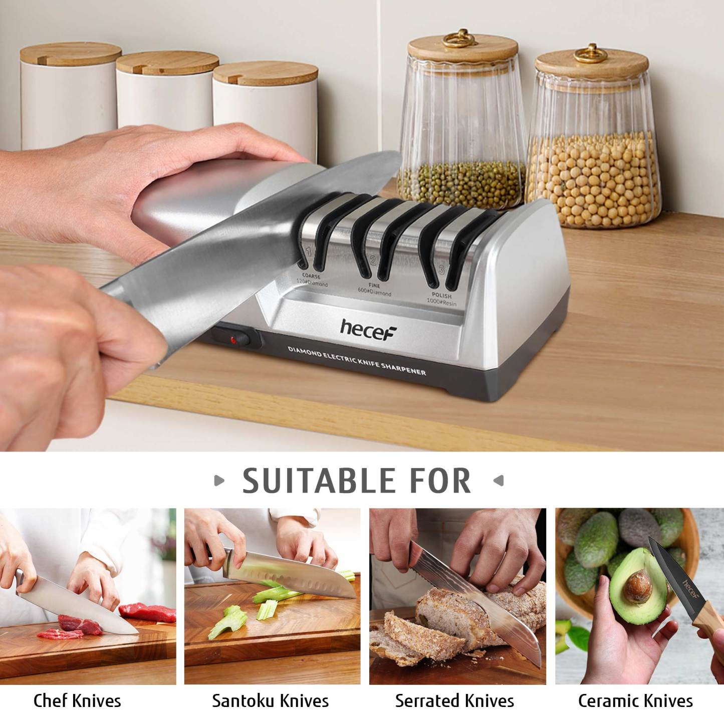 hecef Electric Knife Sharpener, Professional Kitchen Automatic Sharpener for Chef, 3-Stage, 15 Degree